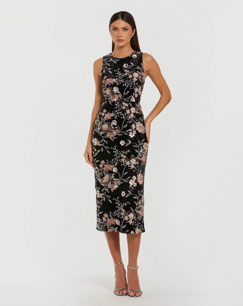 Black Multicolor Embroidered Velvet High Neck Sleeveless Midi Dress - Mac Duggal