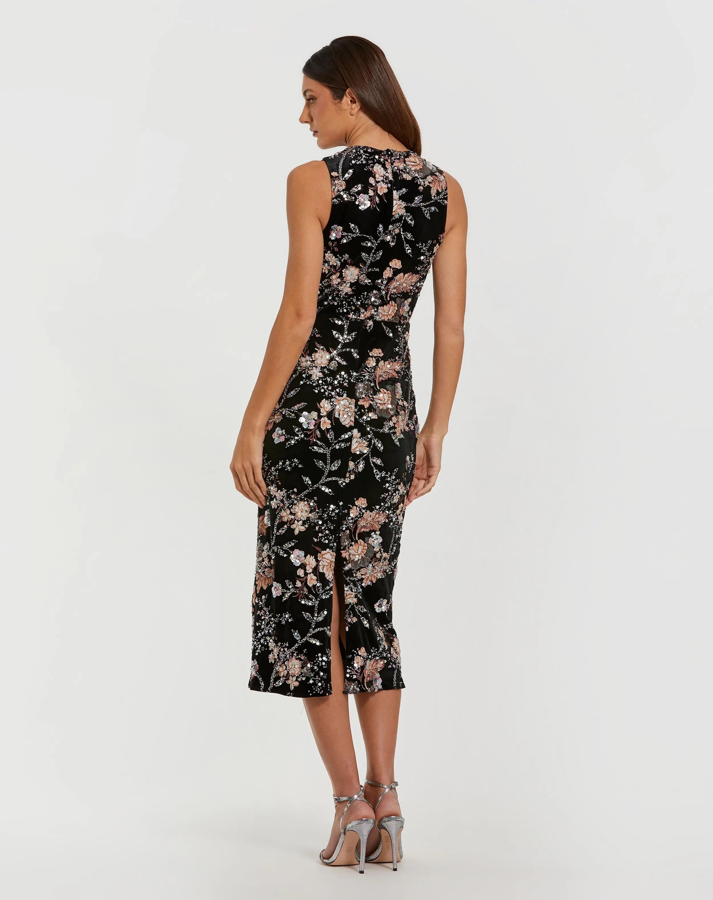 Black Multicolor Embroidered Velvet High Neck Sleeveless Midi Dress - Mac Duggal