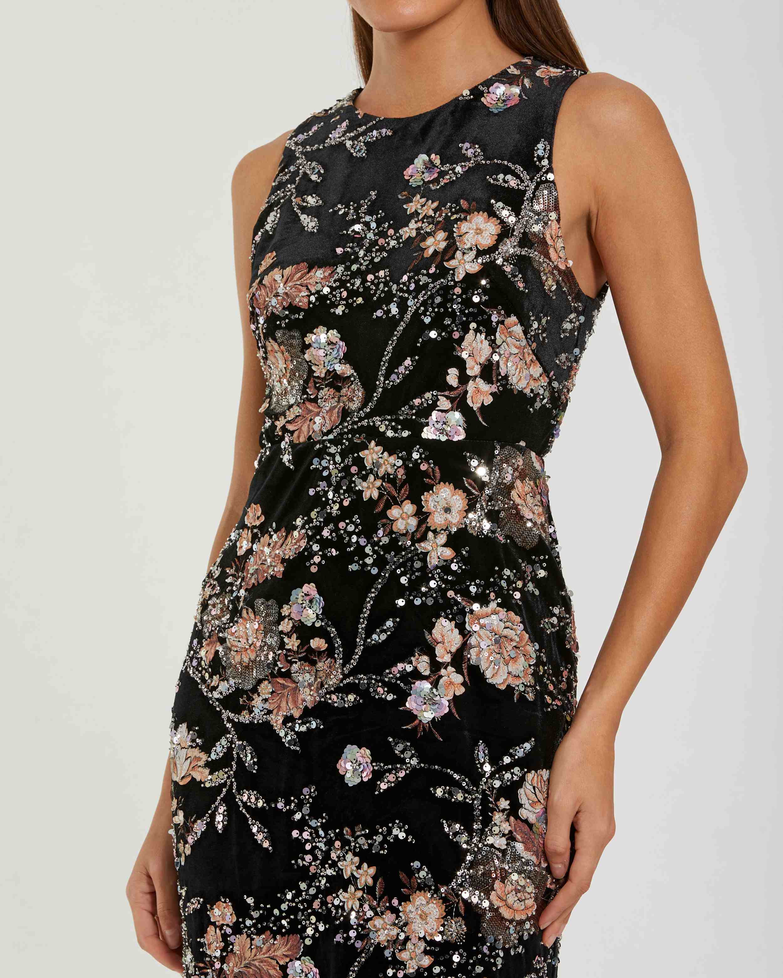 Black Multicolor Embroidered Velvet High Neck Sleeveless Midi Dress Mac Duggal