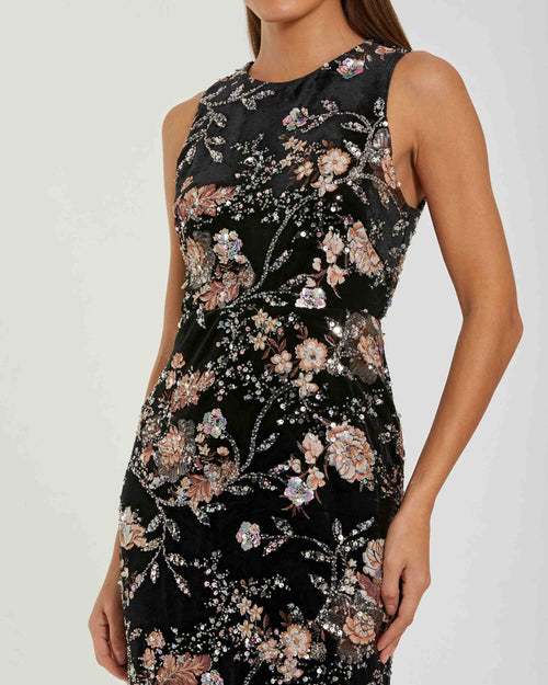 Black Multicolor Embroidered Velvet High Neck Sleeveless Midi Dress Mac Duggal
