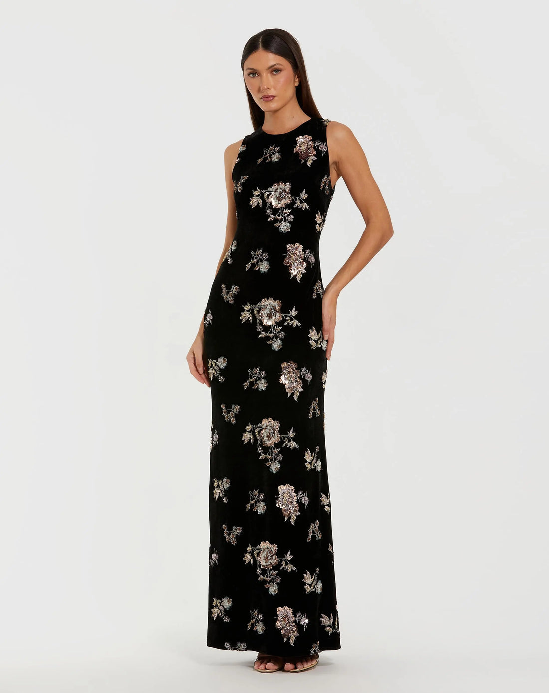 Black Sleeveless Floral Embellished Velvet Evening Gown - Mac Duggal