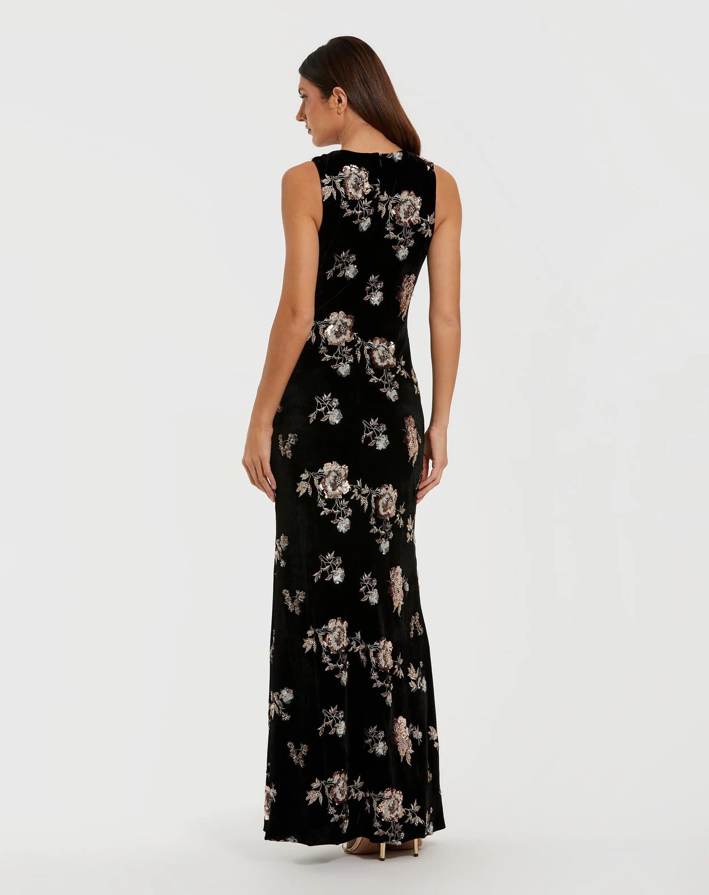 Black Sleeveless Floral Embellished Velvet Evening Gown - Mac Duggal