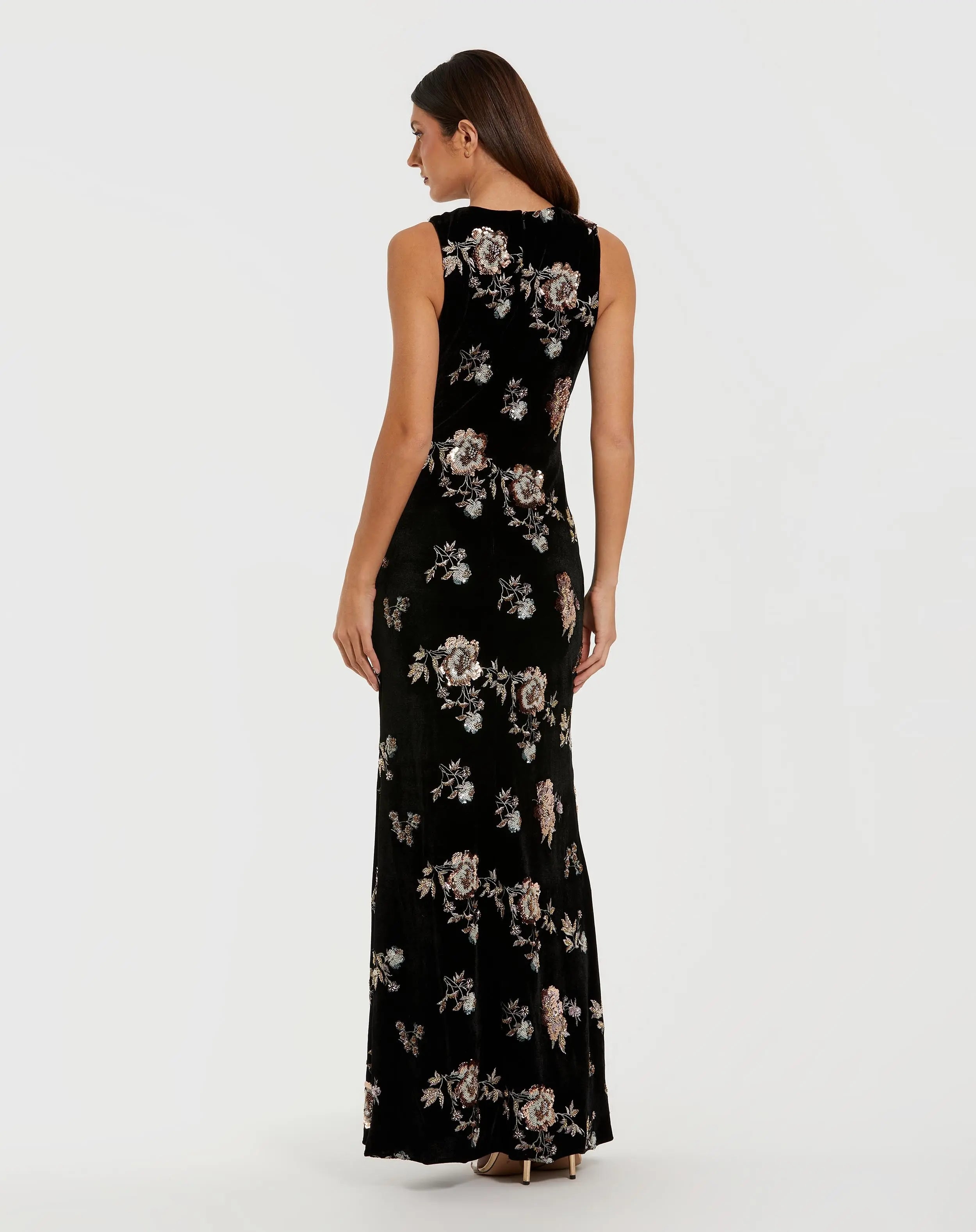Black Sleeveless Floral Embellished Velvet Evening Gown - Mac Duggal