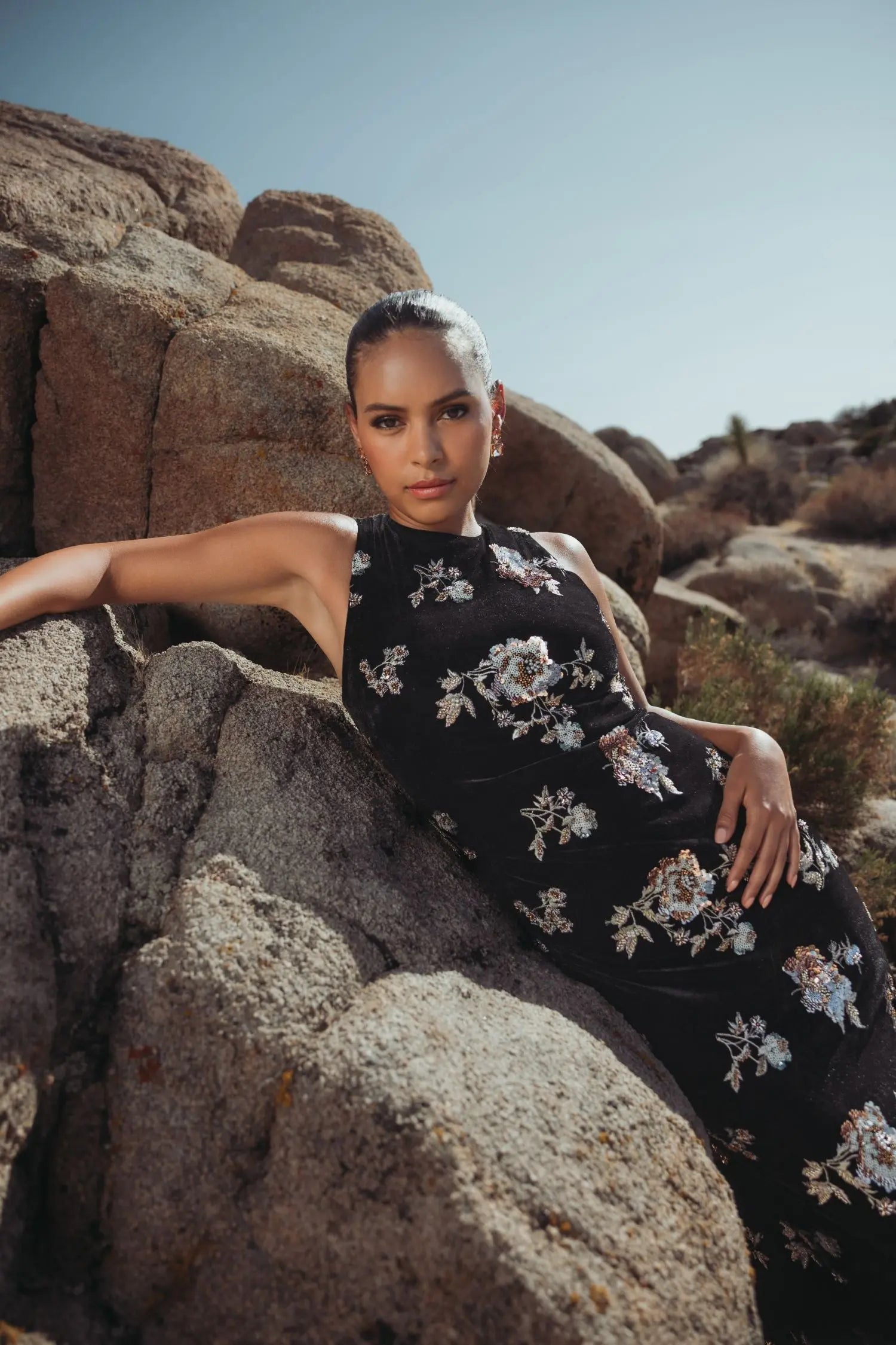 Black Sleeveless Floral Embellished Velvet Evening Gown - Mac Duggal