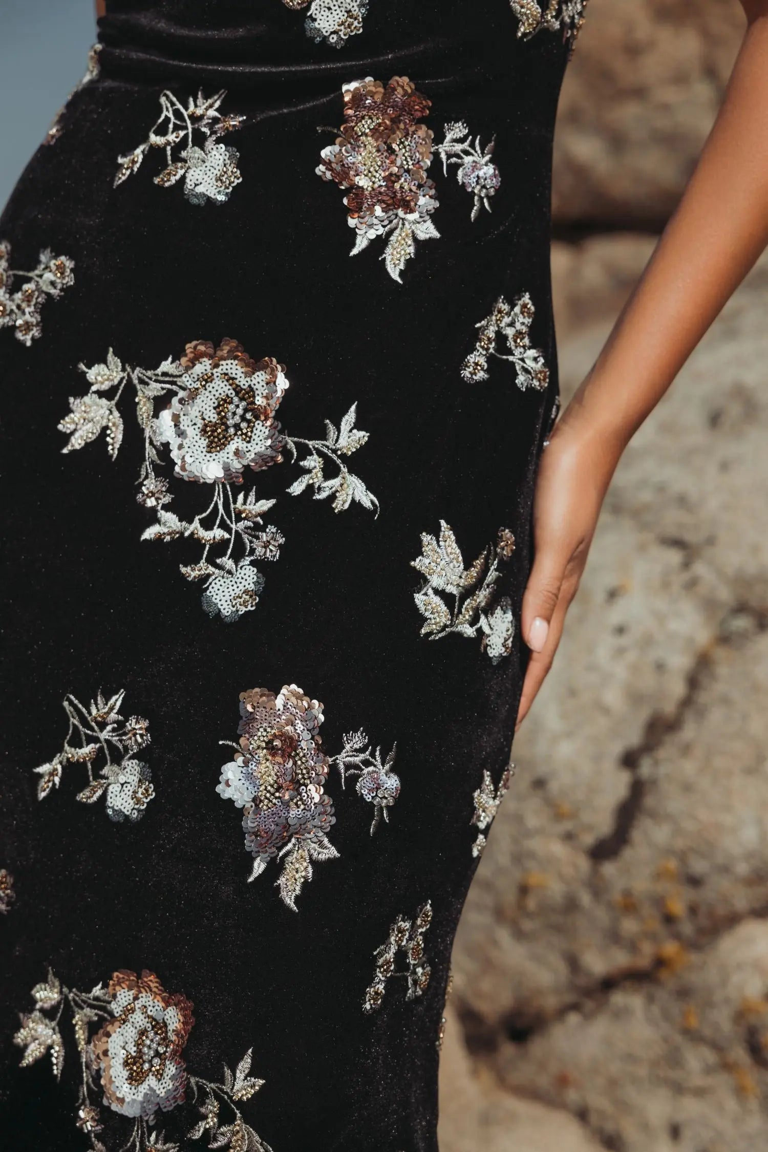 Black Sleeveless Floral Embellished Velvet Evening Gown - Mac Duggal