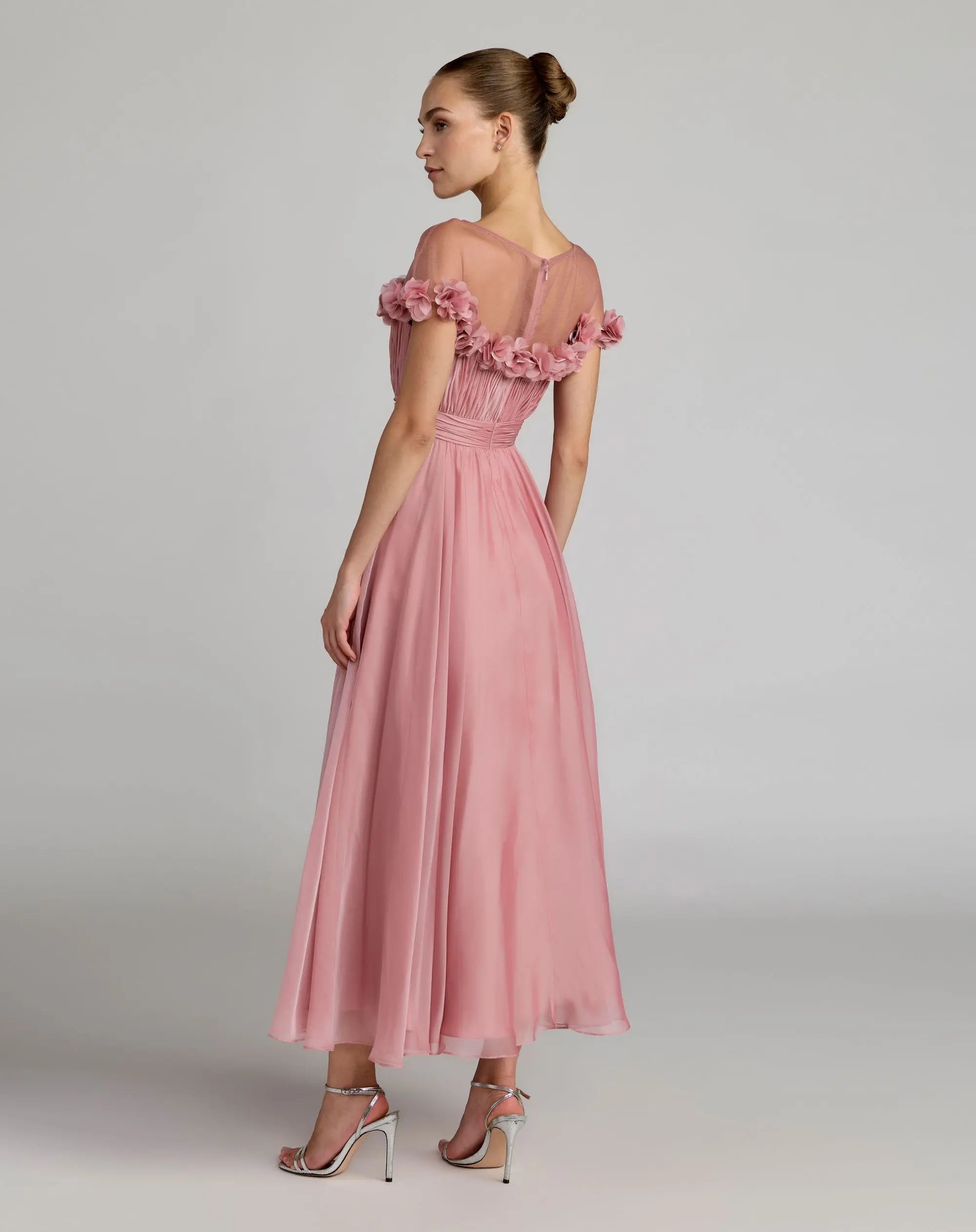 Pink Chiffon Illusion Neck Midi Dress With 3D Flowers | Mac Duggal Pink Chiffon Illusion Neck Midi Dress With 3D Flowers | Mac Duggal