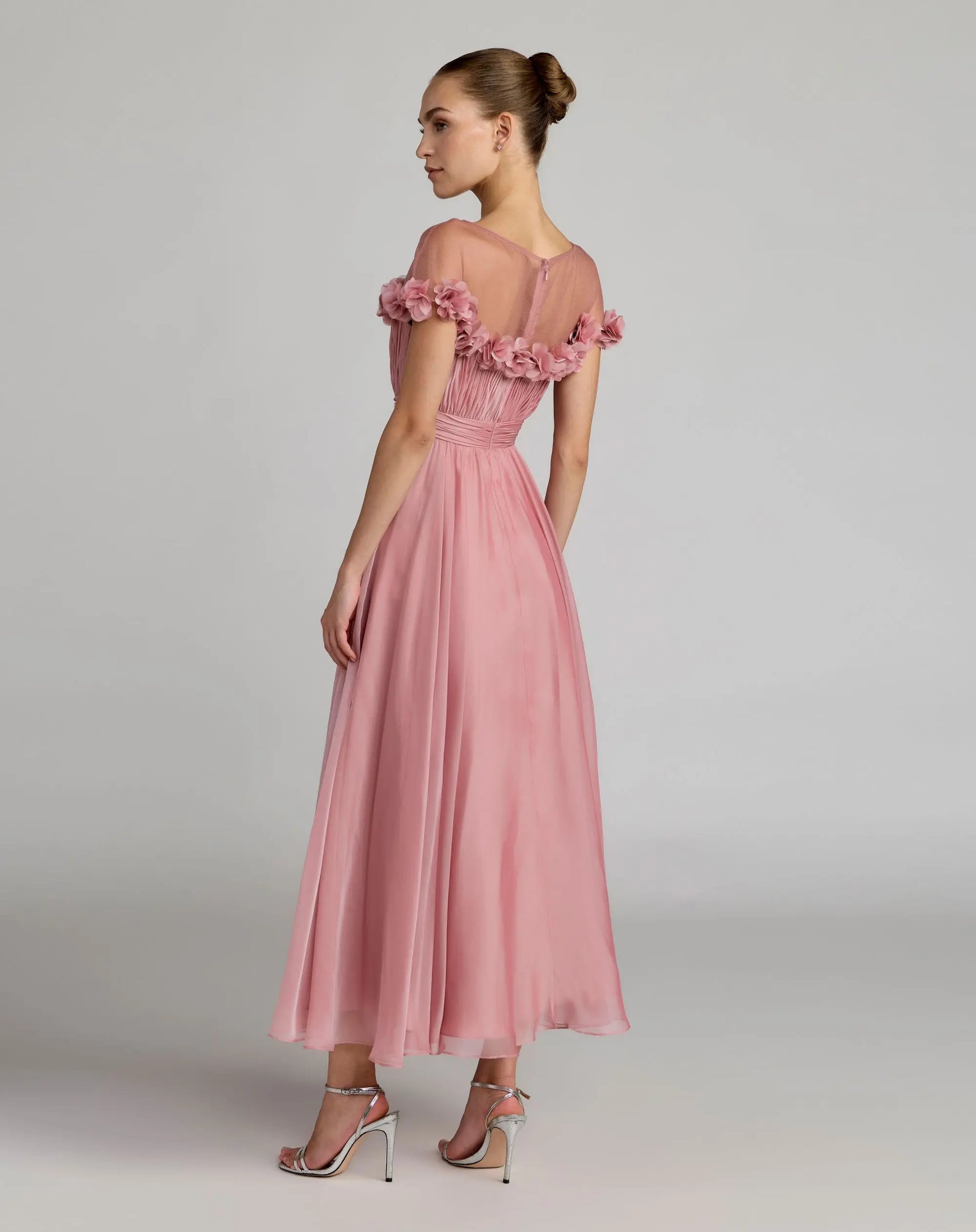 Pink Chiffon Illusion Neck Midi Dress With 3D Flowers - Mac Duggal