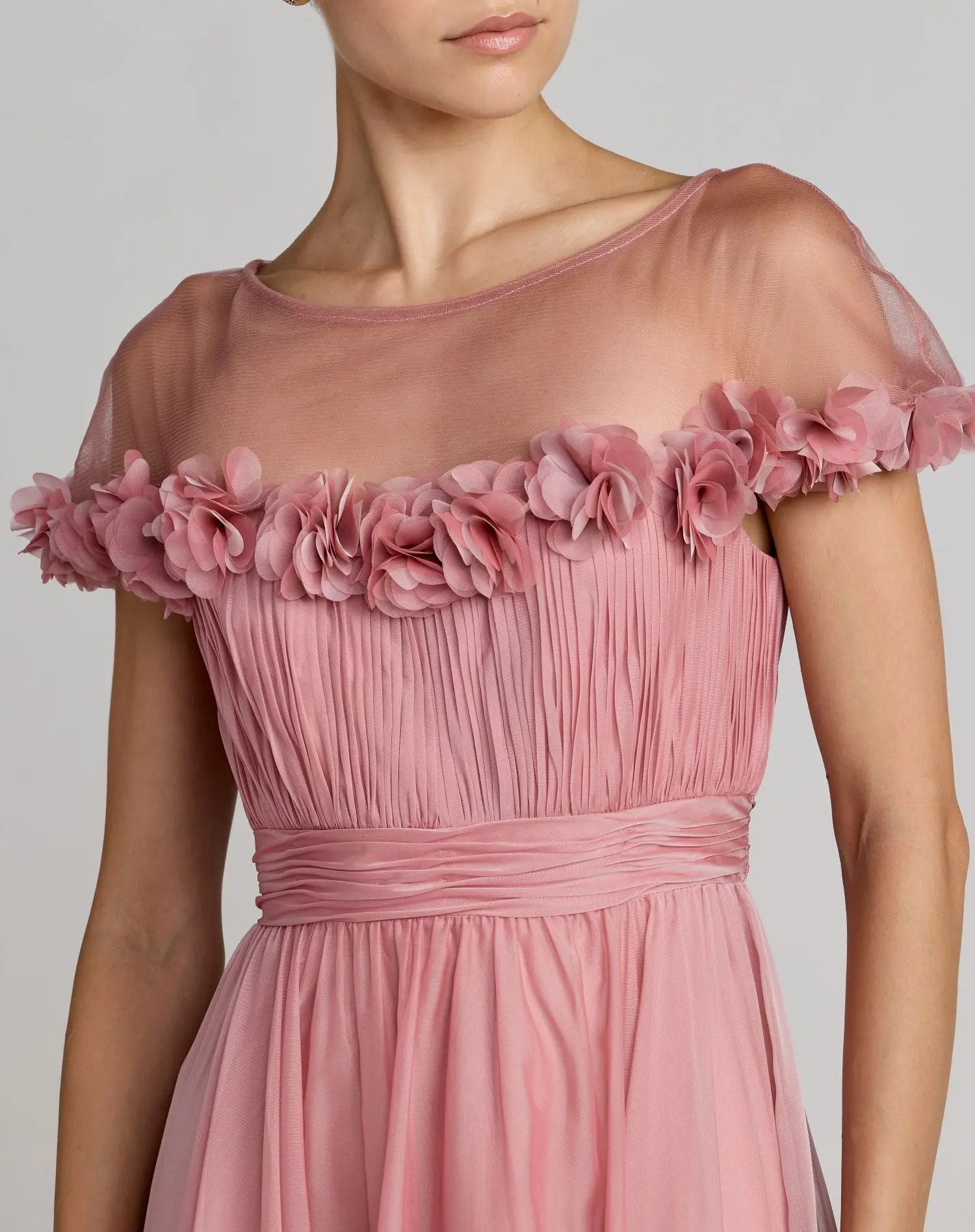 Pink Chiffon Illusion Neck Midi Dress With 3D Flowers - Mac Duggal
