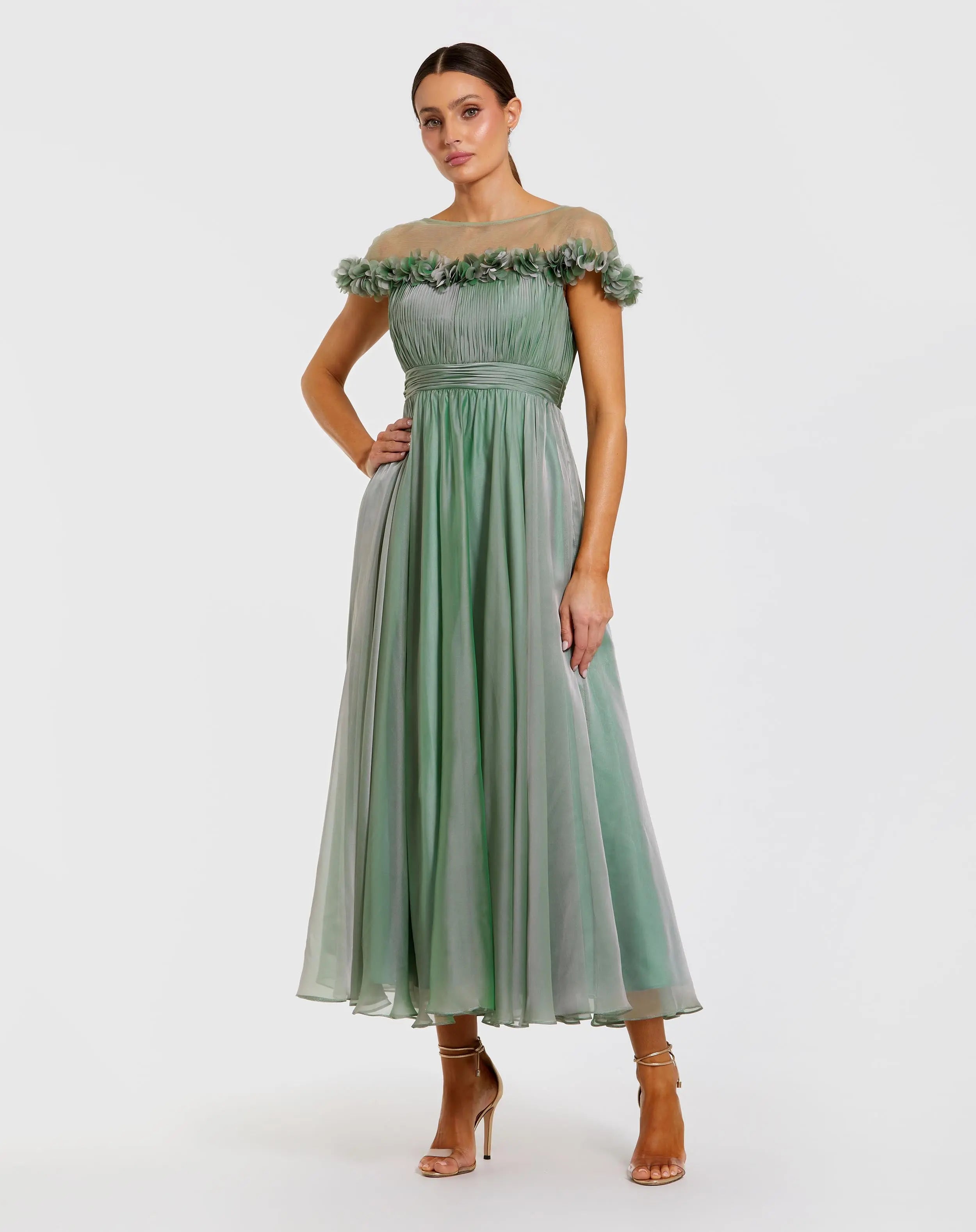 Green Chiffon Illusion Neck Midi Dress With 3D Flowers | Mac Duggal