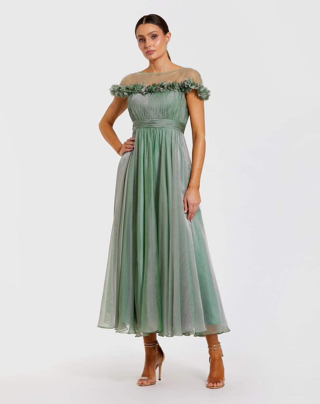 Green Chiffon Illusion Neck Midi Dress With 3D Flowers Mac Duggal