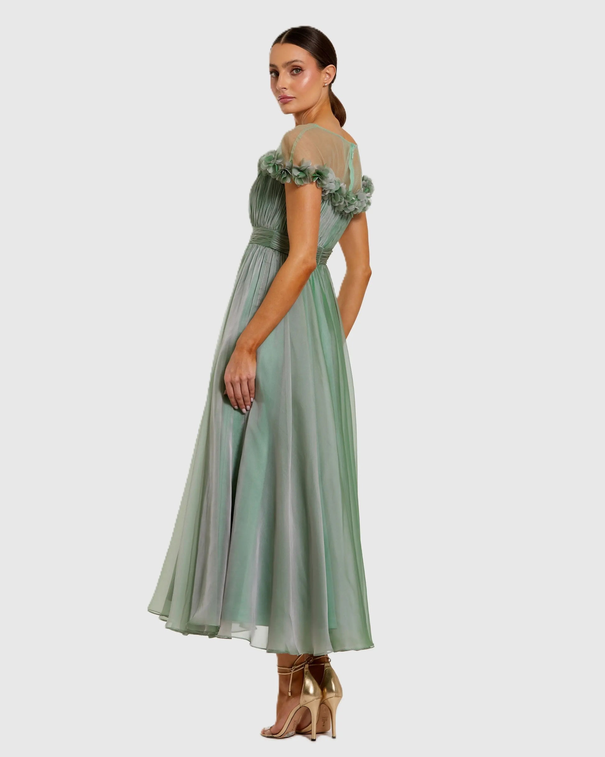 Green Chiffon Illusion Neck Midi Dress With 3D Flowers | Mac Duggal Green Chiffon Illusion Neck Midi Dress With 3D Flowers | Mac Duggal