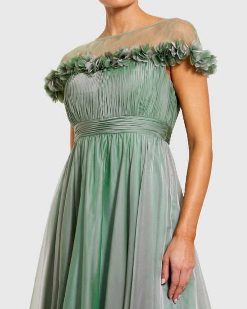 Green Chiffon Illusion Neck Midi Dress With 3D Flowers