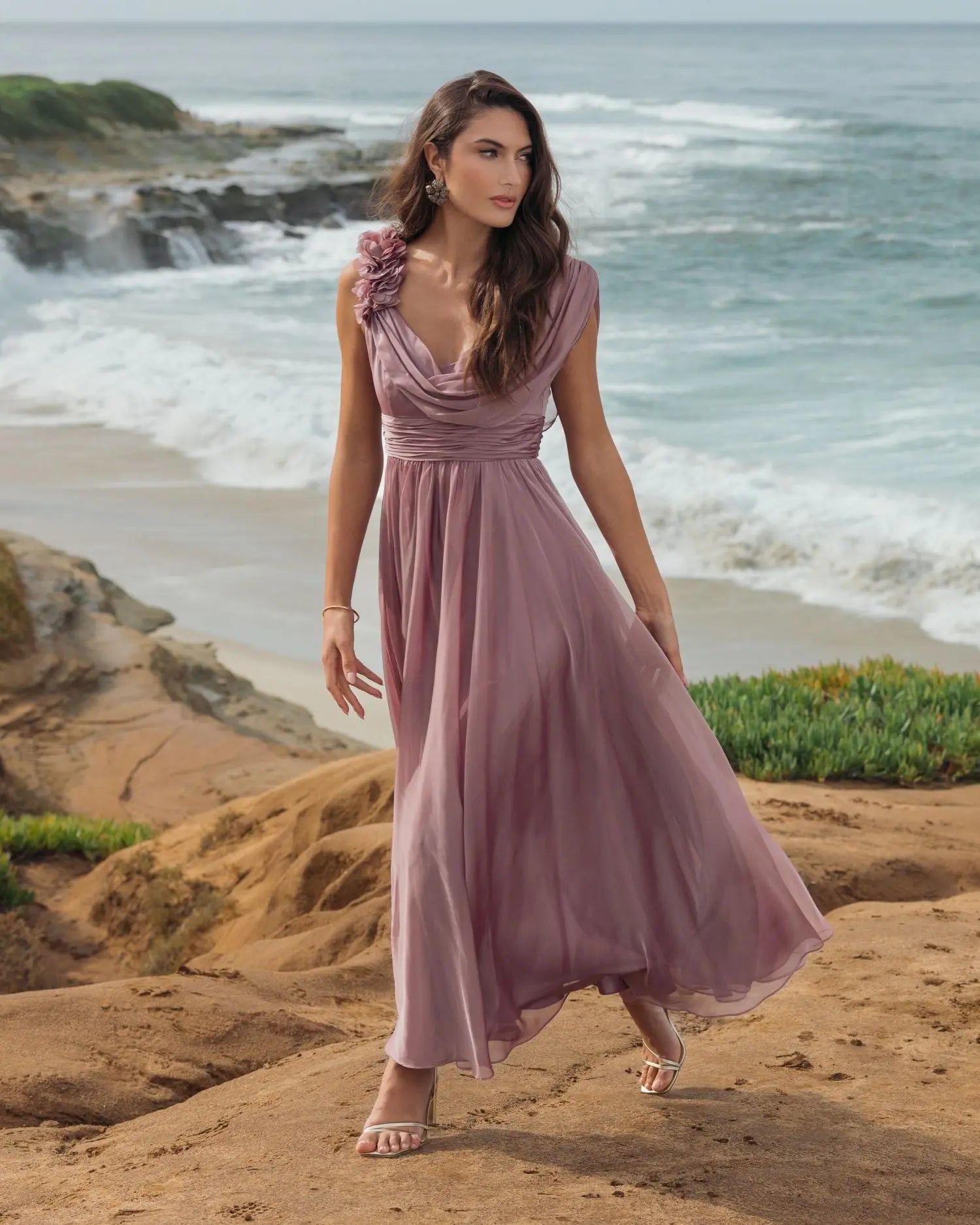 Pink Chiffon Cowl Neck Dress With 3D Flowers - Mac Duggal