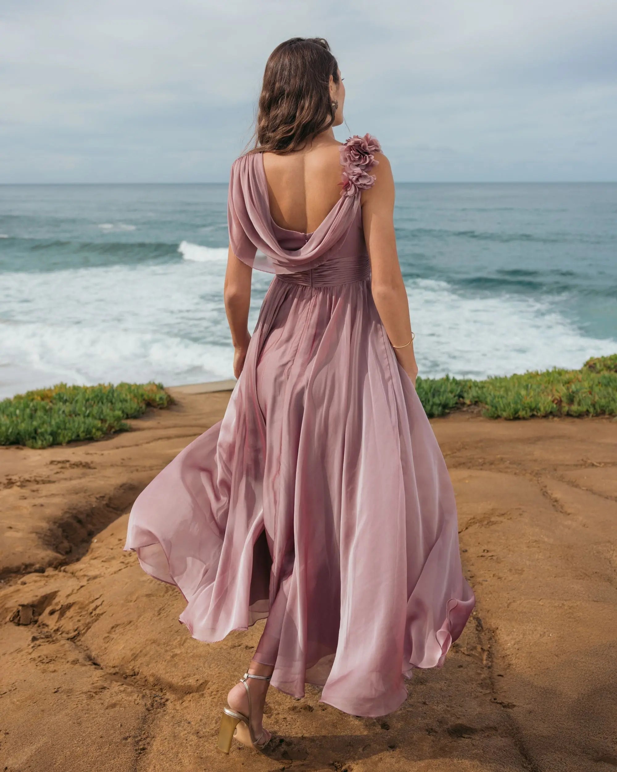 Pink Chiffon Cowl Neck Dress With 3D Flowers - Mac Duggal