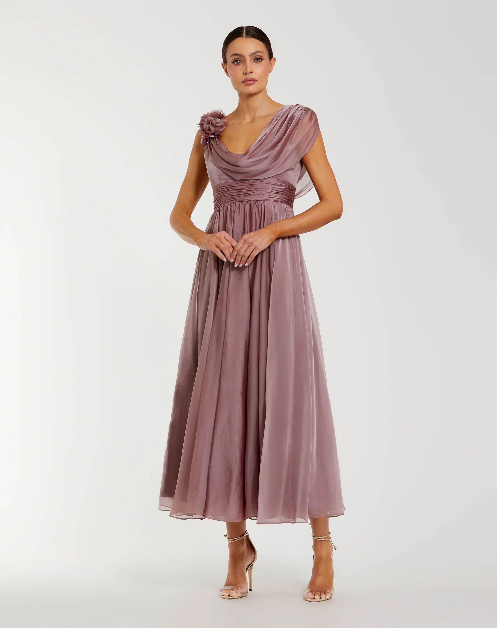 Pink Chiffon Cowl Neck Dress With 3D Flowers | Mac Duggal Pink Chiffon Cowl Neck Dress With 3D Flowers | Mac Duggal