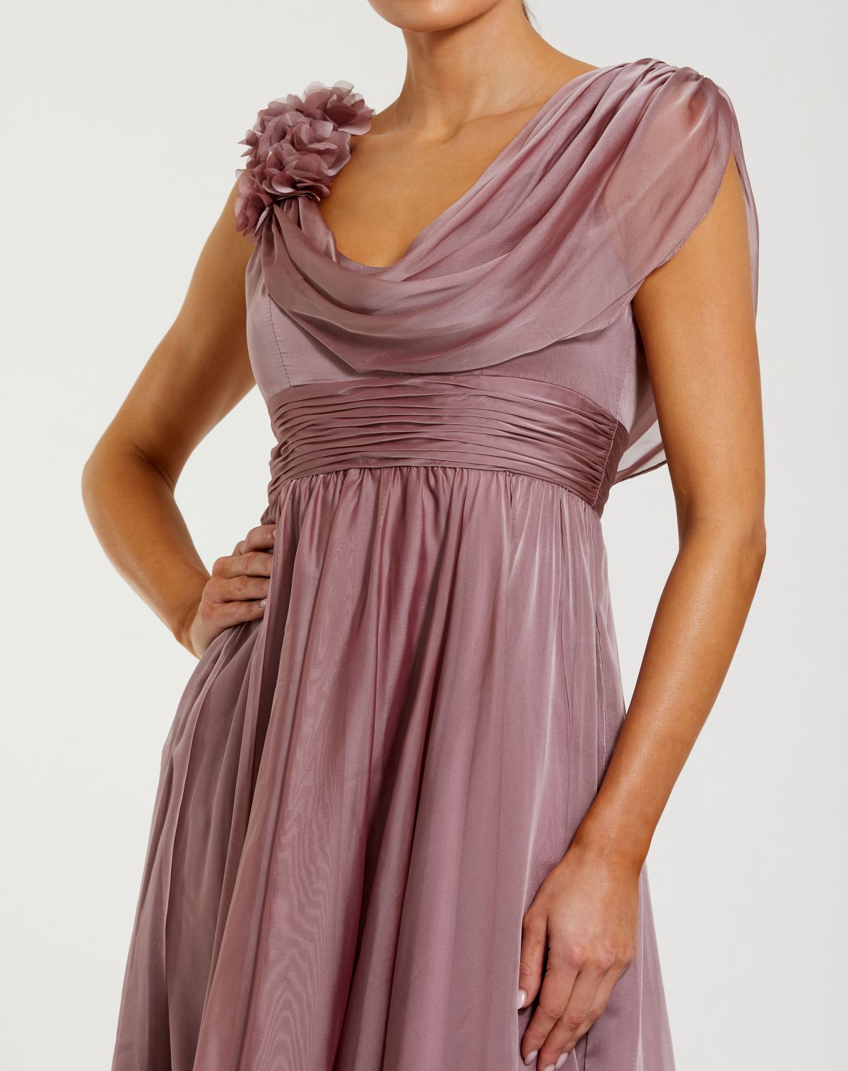 Pink Chiffon Cowl Neck Dress With 3D Flowers - Mac Duggal