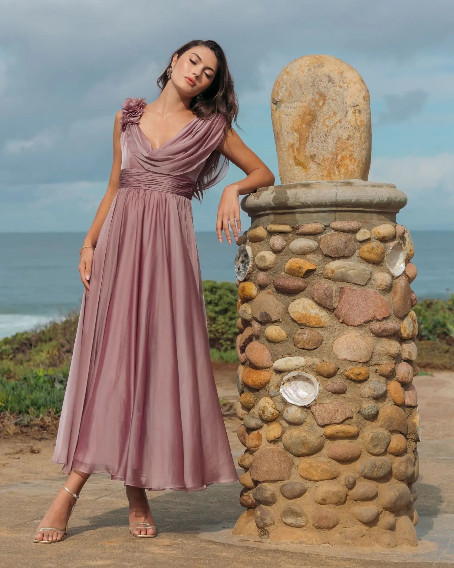 Pink Chiffon Cowl Neck Dress With 3D Flowers | Mac Duggal Pink Chiffon Cowl Neck Dress With 3D Flowers | Mac Duggal