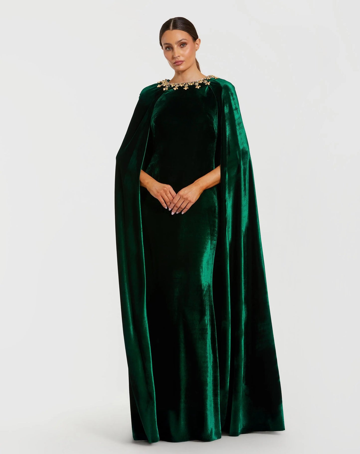 Dark Green Velvet Cape Gown With Embellished Neckline - Mac Duggal