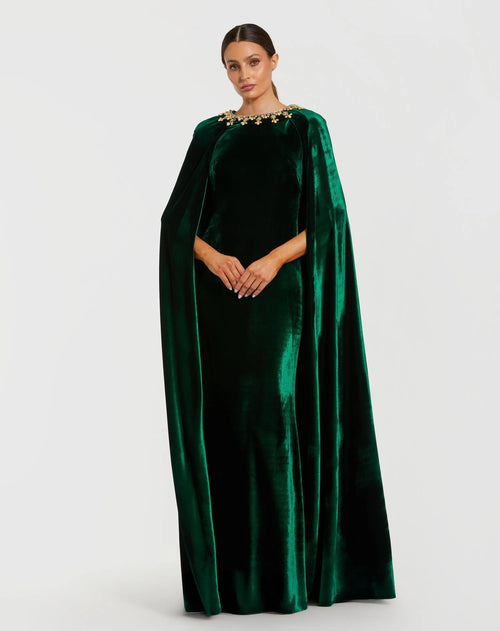 Dark Green Velvet Cape Gown With Embellished Neckline - Mac Duggal