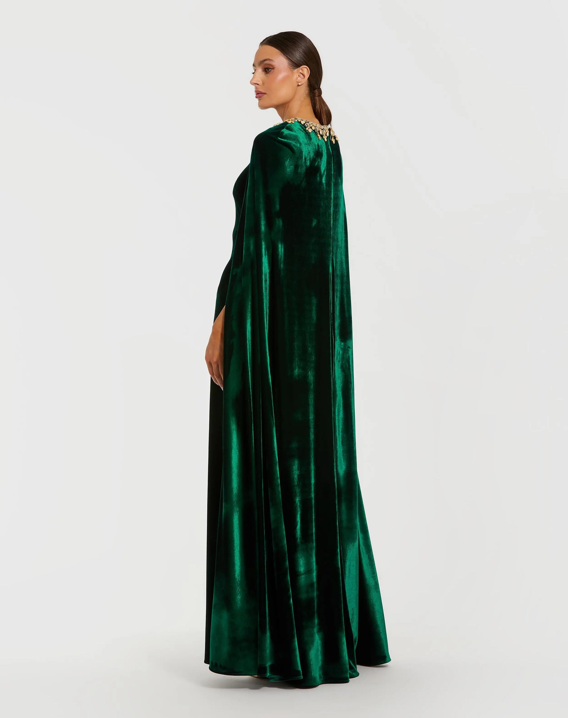 Dark Green Velvet Cape Gown With Embellished Neckline Dark Green Velvet Cape Gown With Embellished Neckline