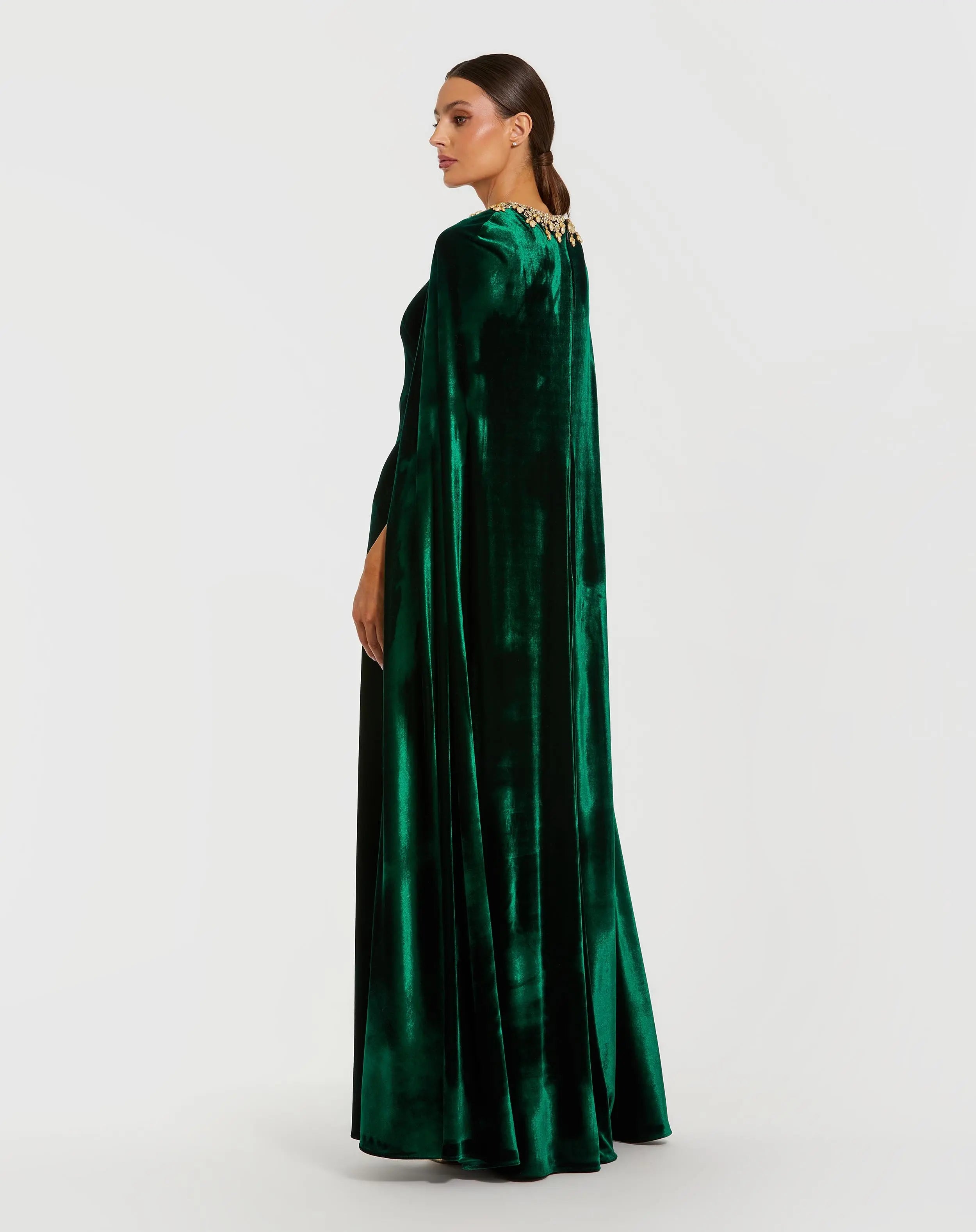 Dark Green Velvet Cape Gown With Embellished Neckline - Mac Duggal