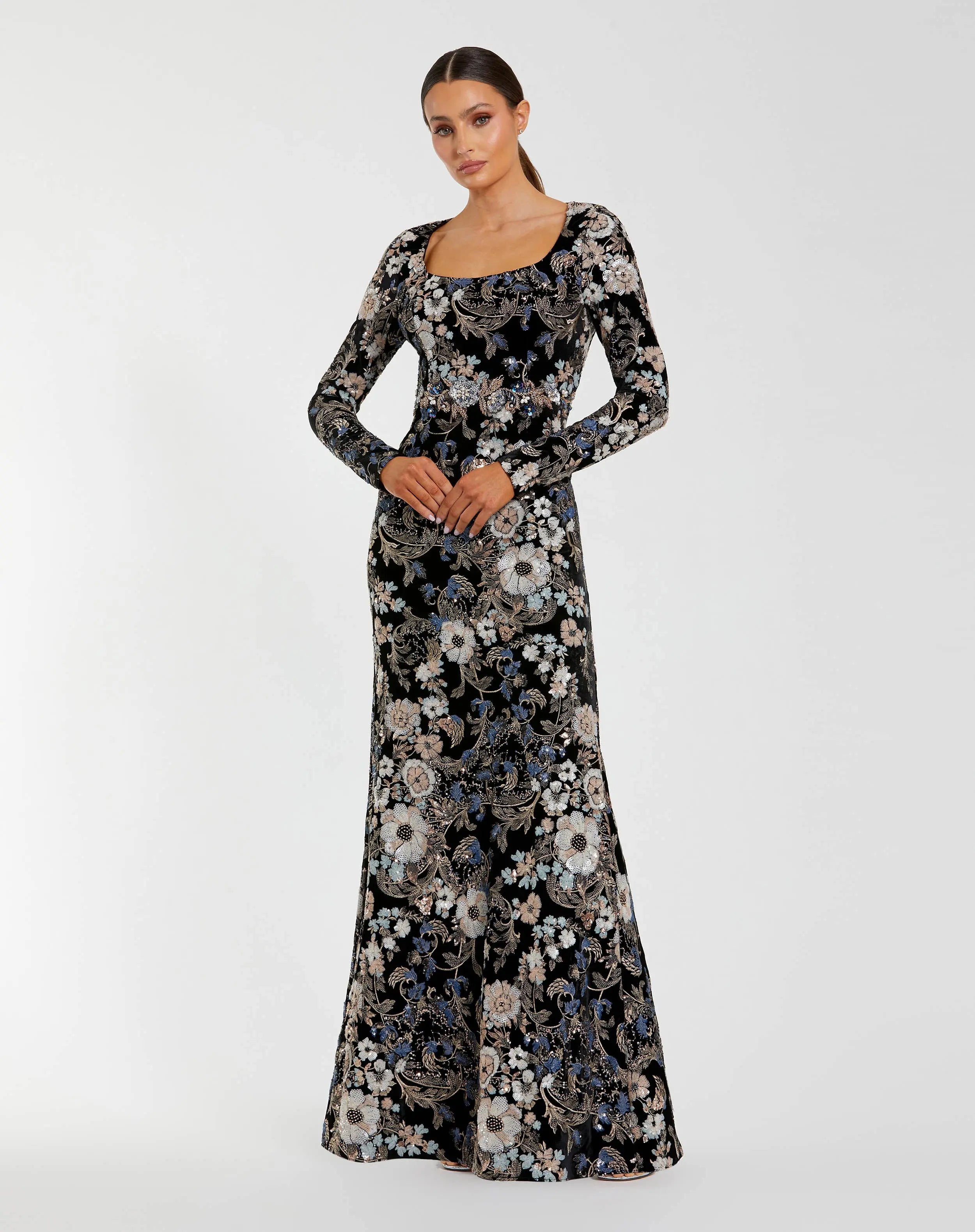 Black Multicolor Embroidered Velvet Evening Gown with Long Sleeves - Mac Duggal