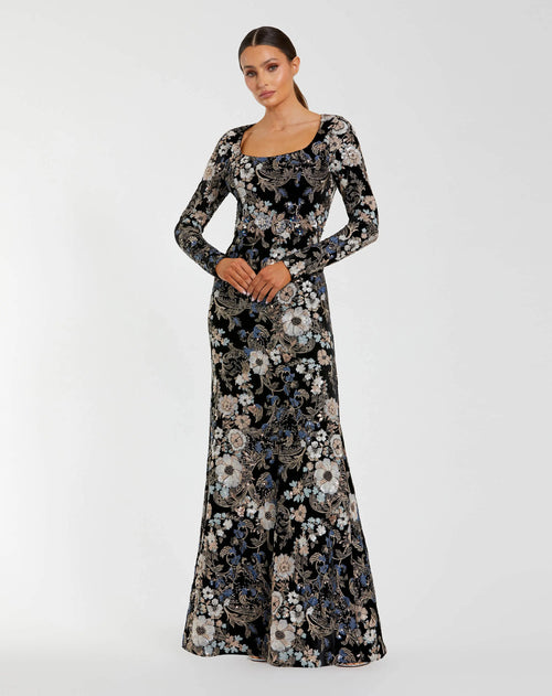 Black Multicolor Embroidered Velvet Evening Gown with Long Sleeves - Mac Duggal