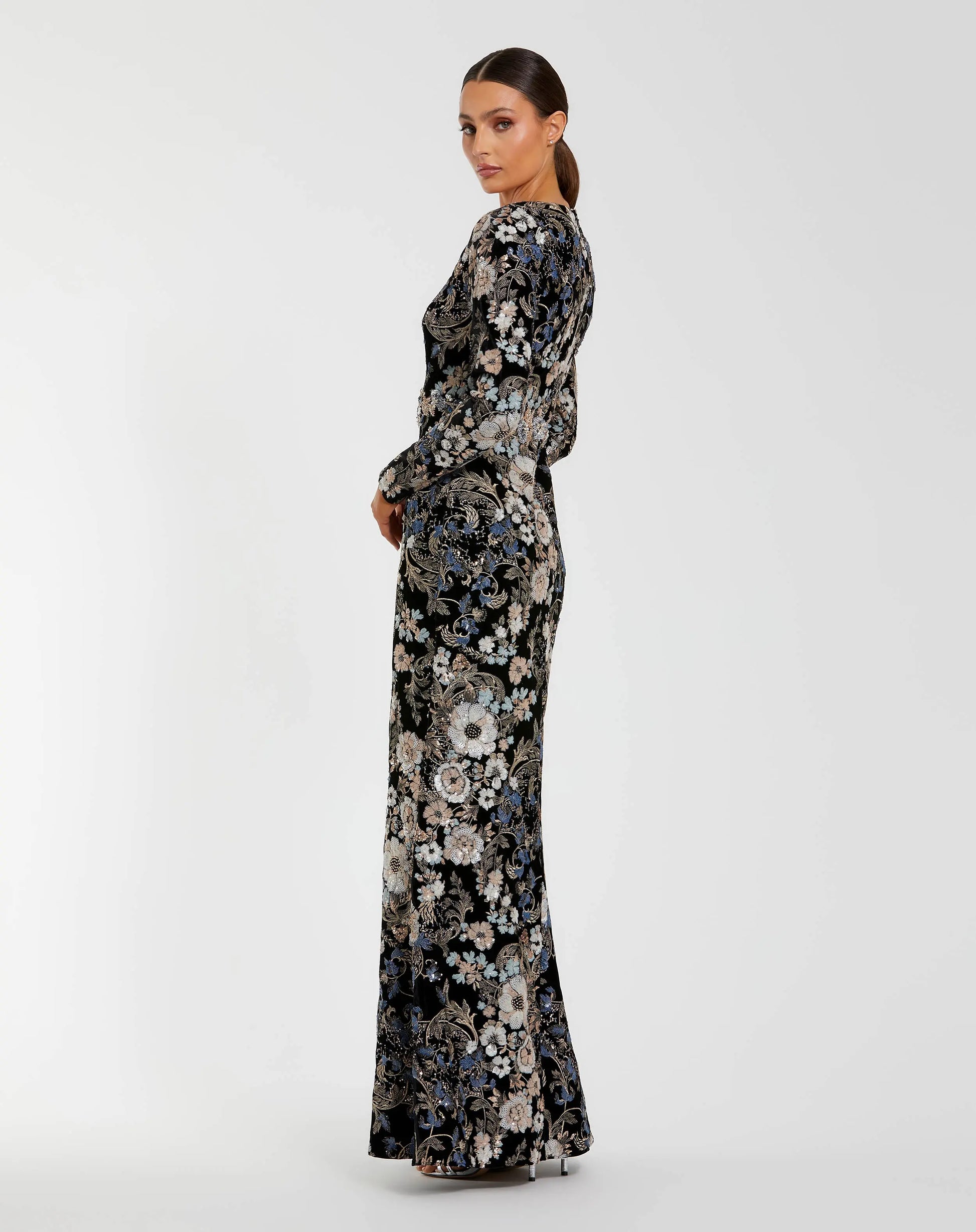 Black Multicolor Embroidered Velvet Evening Gown with Long Sleeves - Mac Duggal