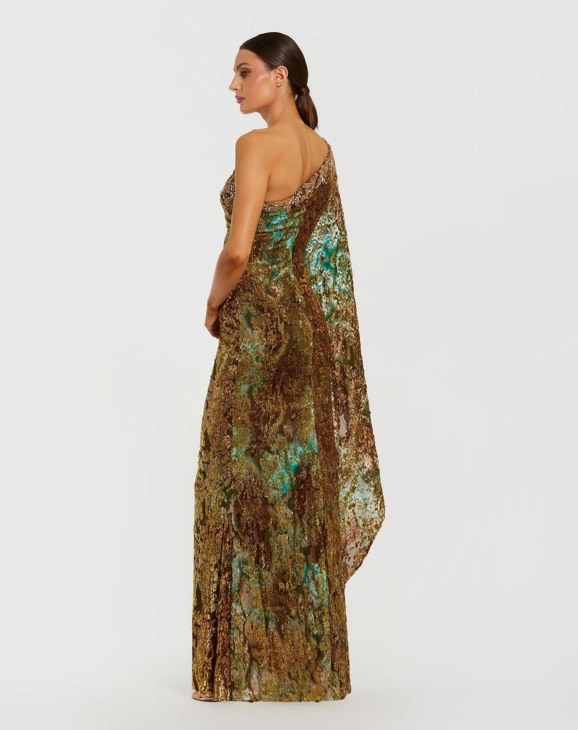 Gold One-Shoulder Metallic Burnout Velvet Evening Gown - Mac Duggal
