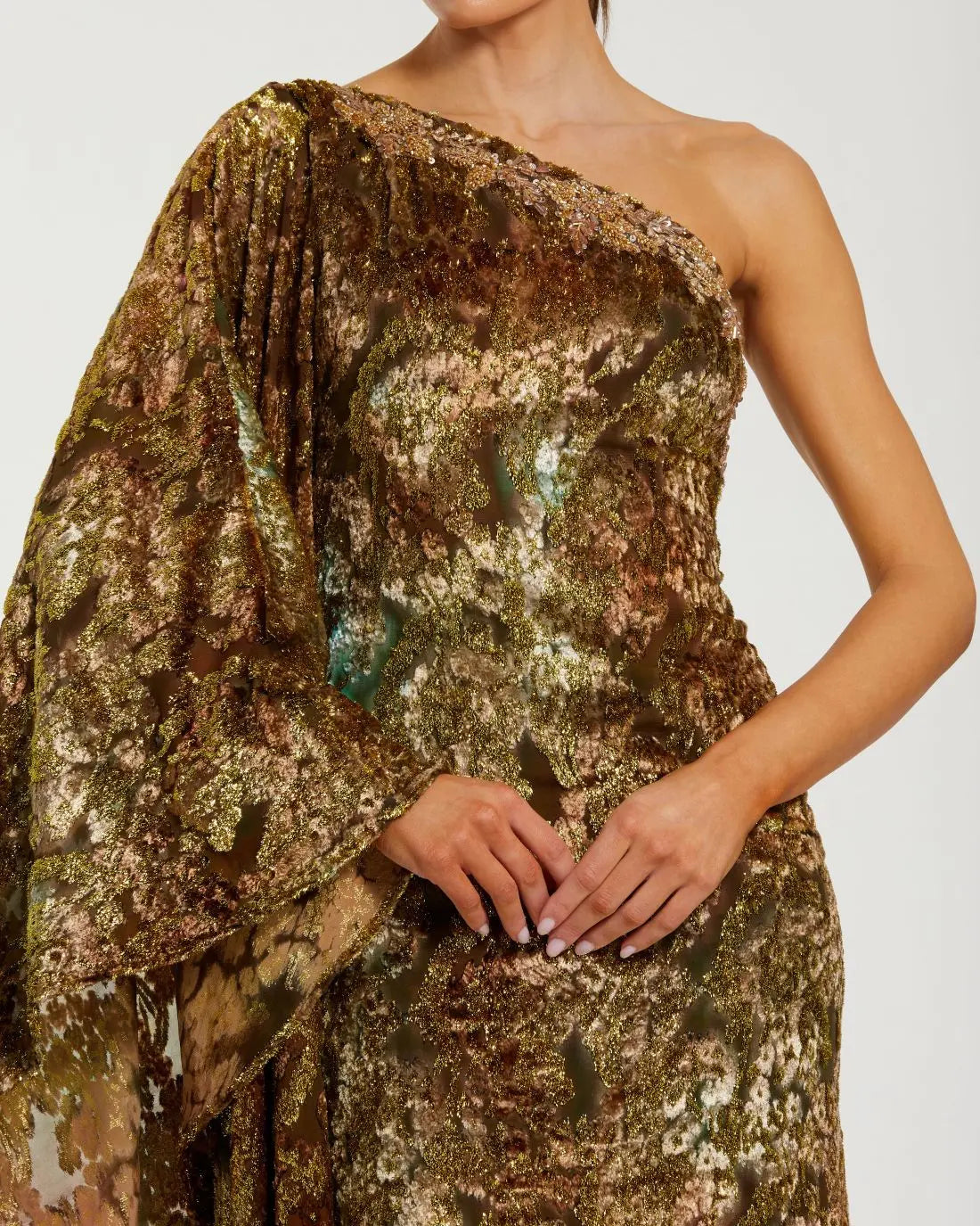 Gold One-Shoulder Metallic Burnout Velvet Evening Gown Mac Duggal