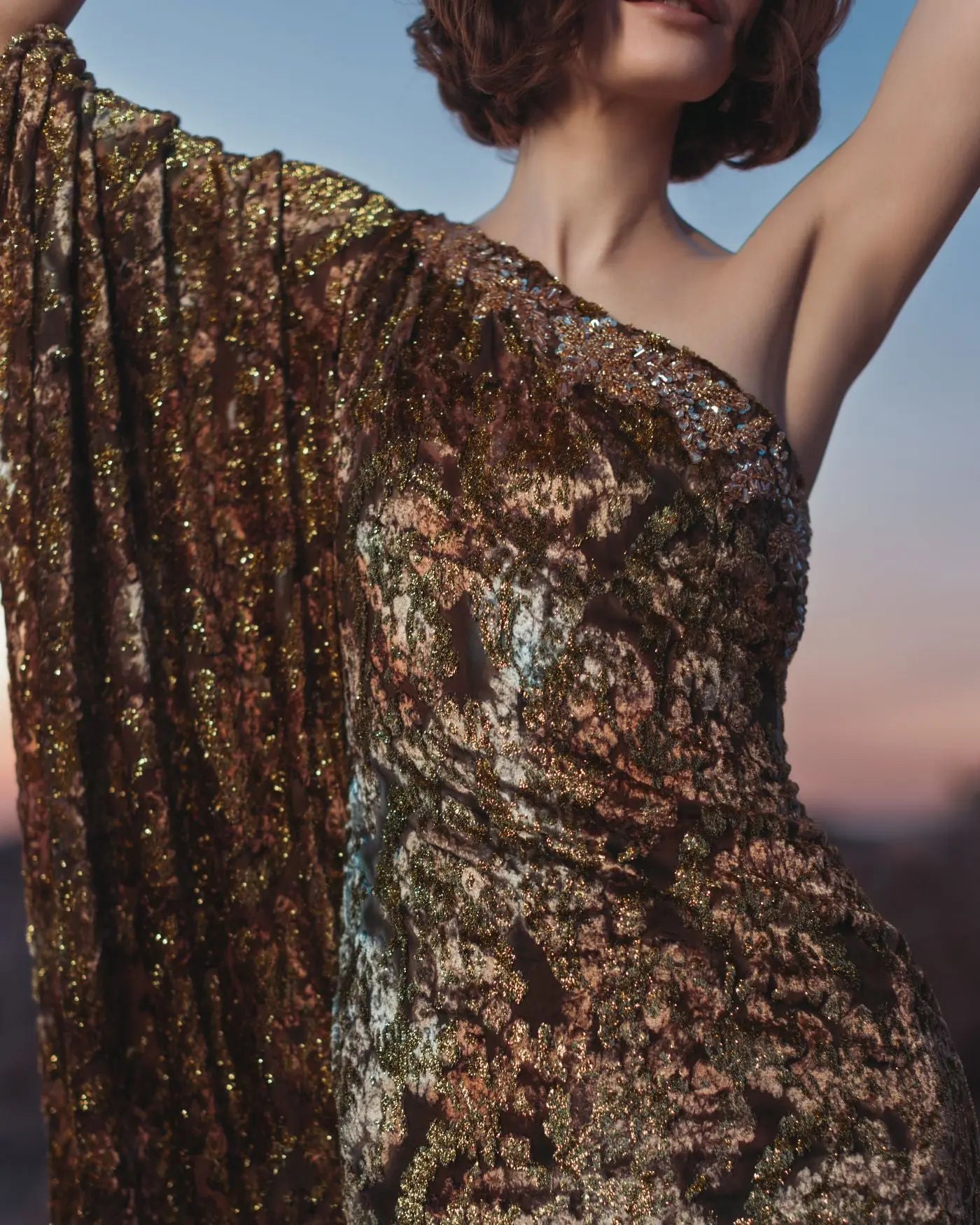 Gold One-Shoulder Metallic Burnout Velvet Evening Gown - Mac Duggal