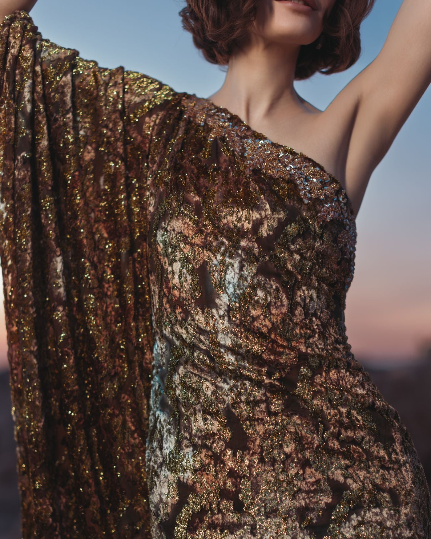 Gold One-Shoulder Metallic Burnout Velvet Evening Gown - Mac Duggal