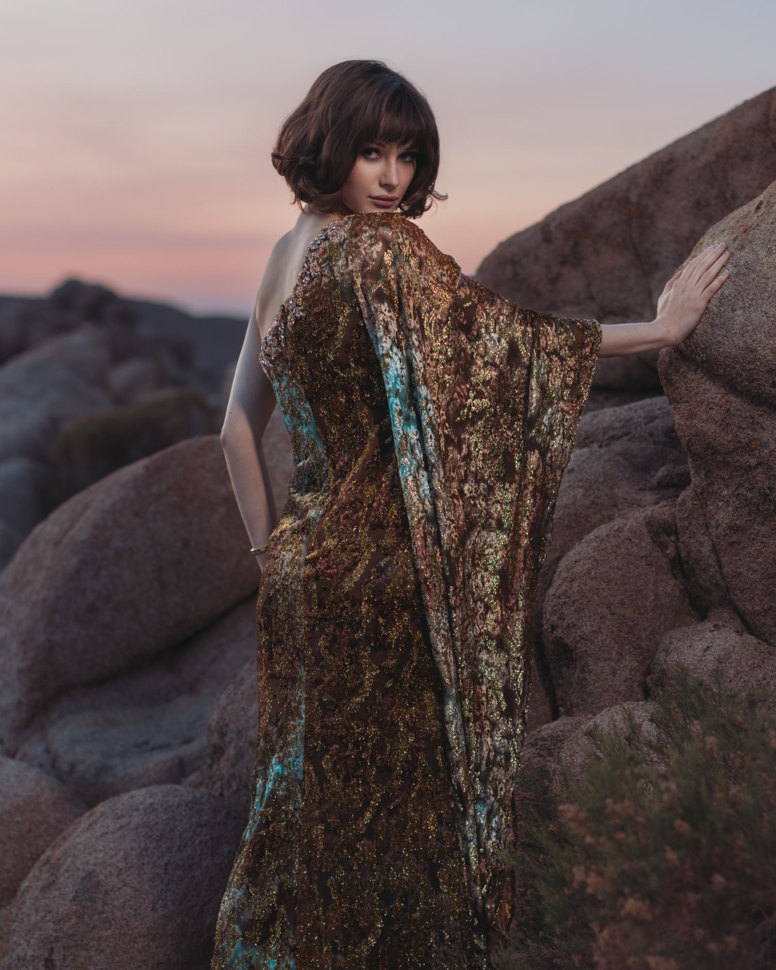 Gold One-Shoulder Metallic Burnout Velvet Evening Gown - Mac Duggal