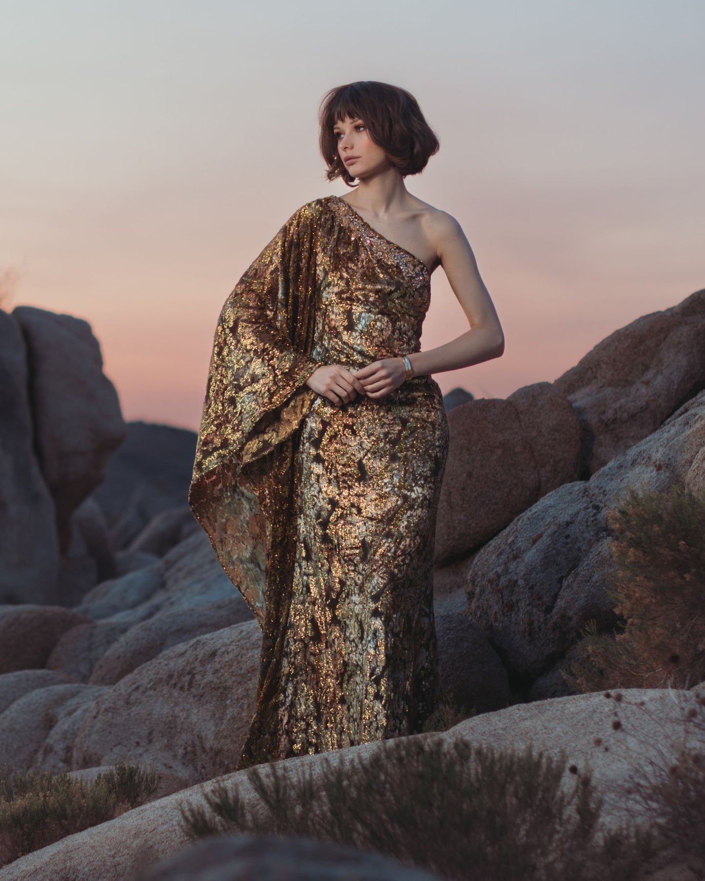 Gold One-Shoulder Metallic Burnout Velvet Evening Gown - Mac Duggal