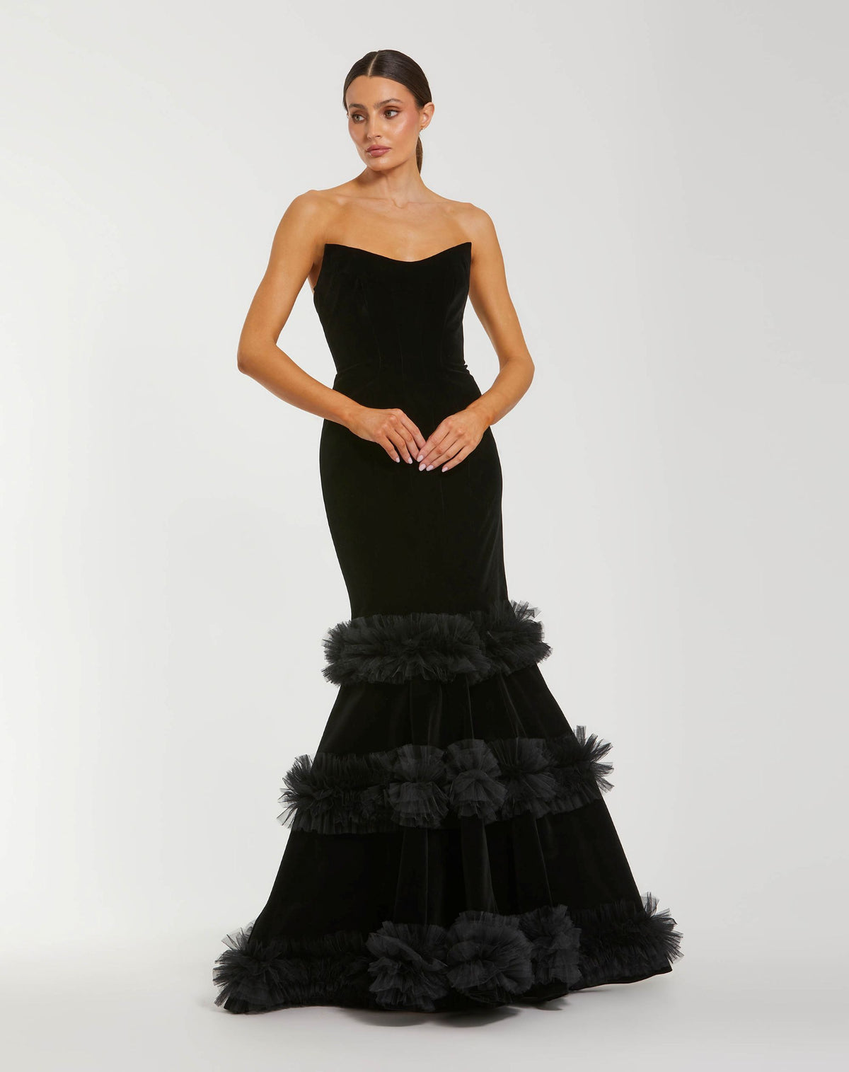 Black Strapless Velvet Mermaid Gown With Tiered Ruffles - Mac Duggal