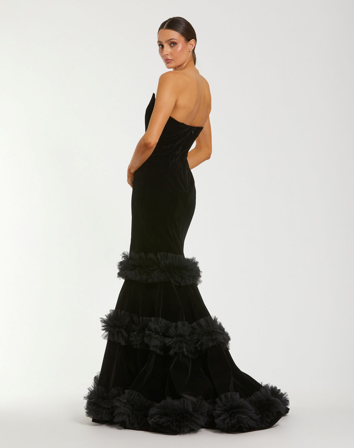Black Strapless Velvet Mermaid Gown With Tiered Ruffles - Mac Duggal