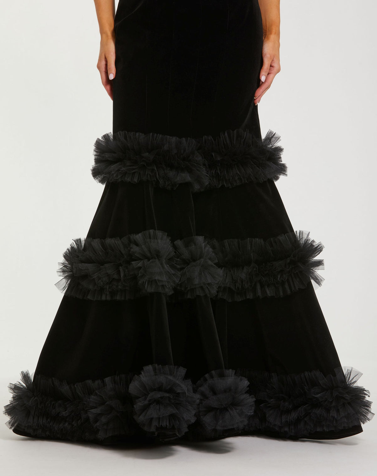 Black Strapless Velvet Mermaid Gown With Tiered Ruffles - Mac Duggal