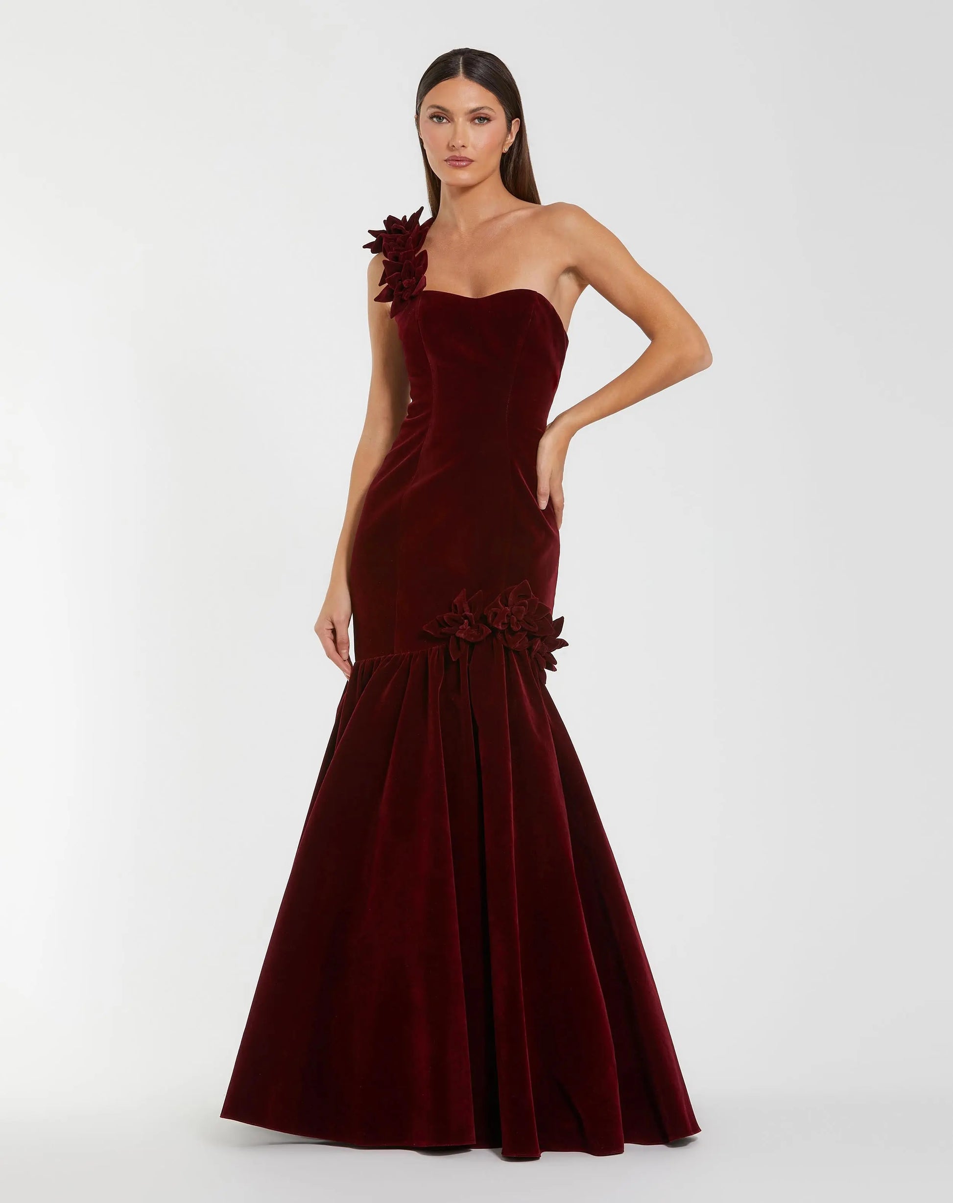 Dark Red Velvet One Shoulder Trumpet Gown With Flowers | Mac Duggal Dark Red Velvet One Shoulder Trumpet Gown With Flowers | Mac Duggal