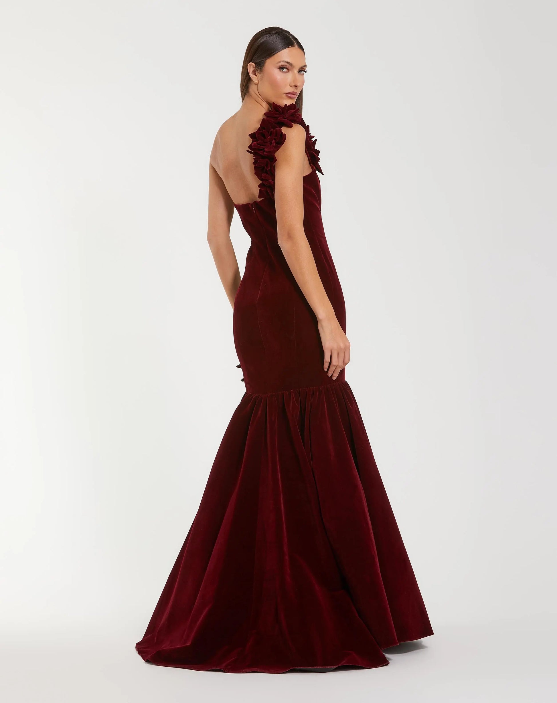 Dark Red One Shoulder Velvet Trumpet Gown With 3D Flowers - Mac Duggal