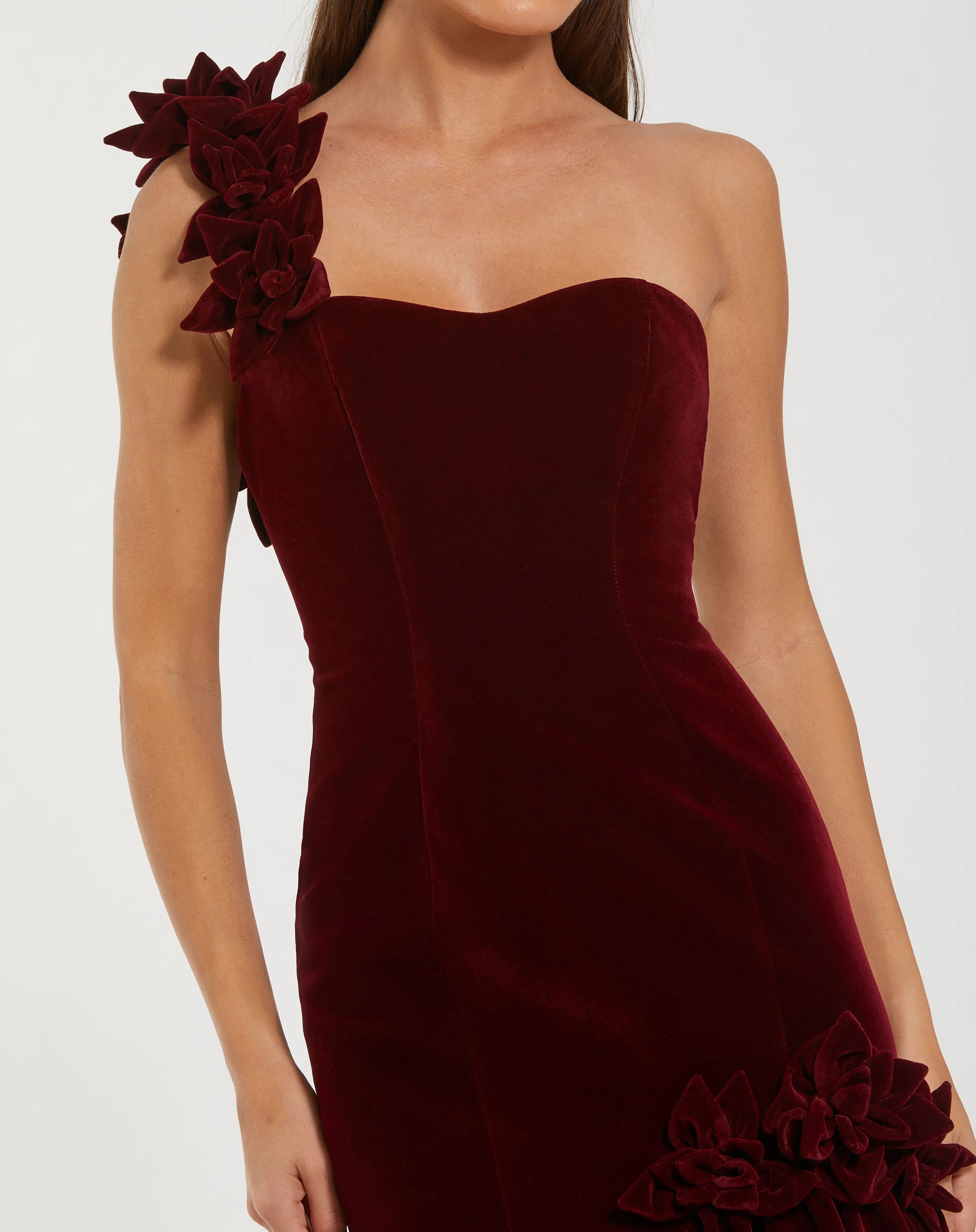 Dark Red One Shoulder Velvet Trumpet Gown With 3D Flowers - Mac Duggal