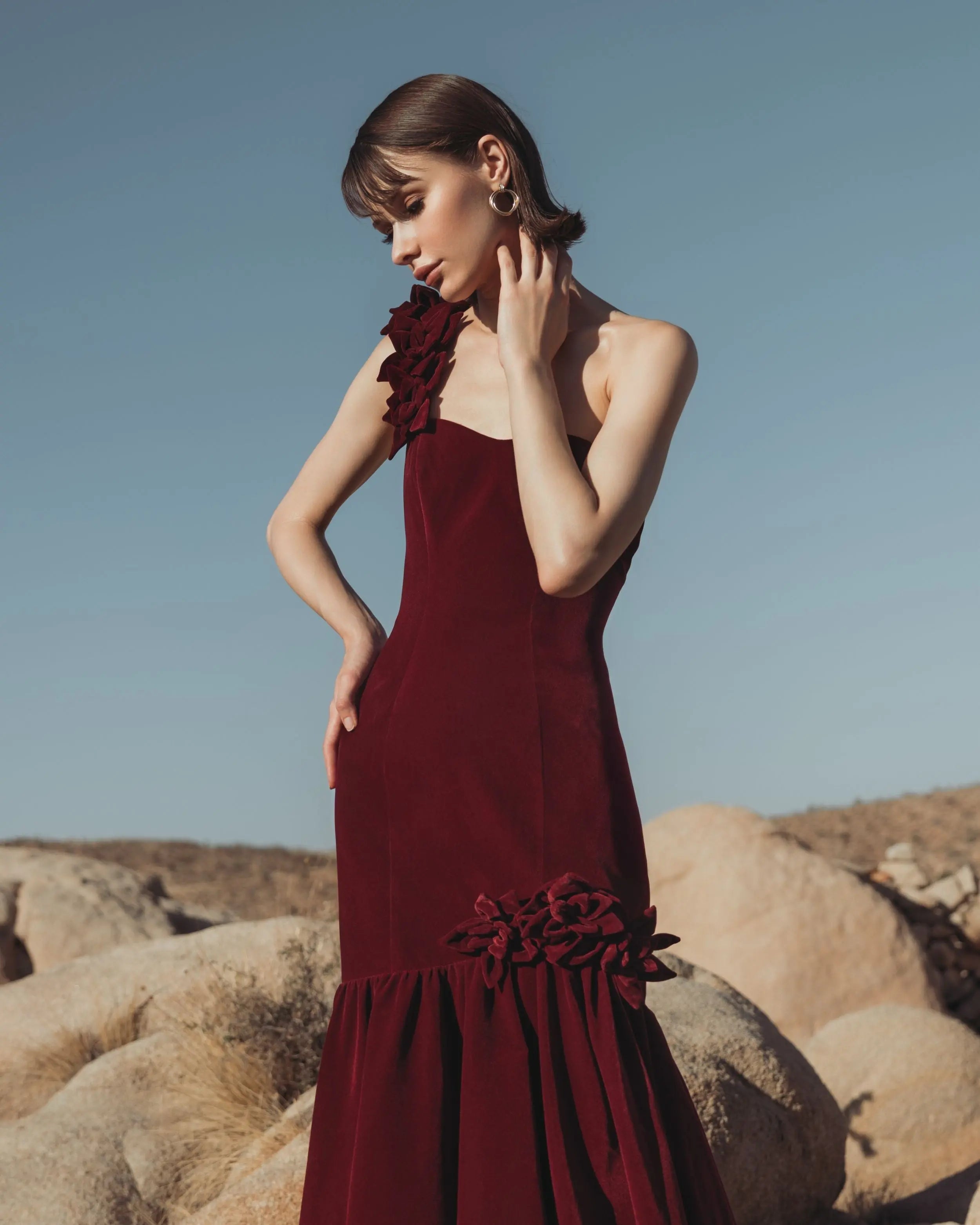 velvet maxi dress for wedding Burgundy Velvet Wrap V Neckline Dress With Organza Sleeves