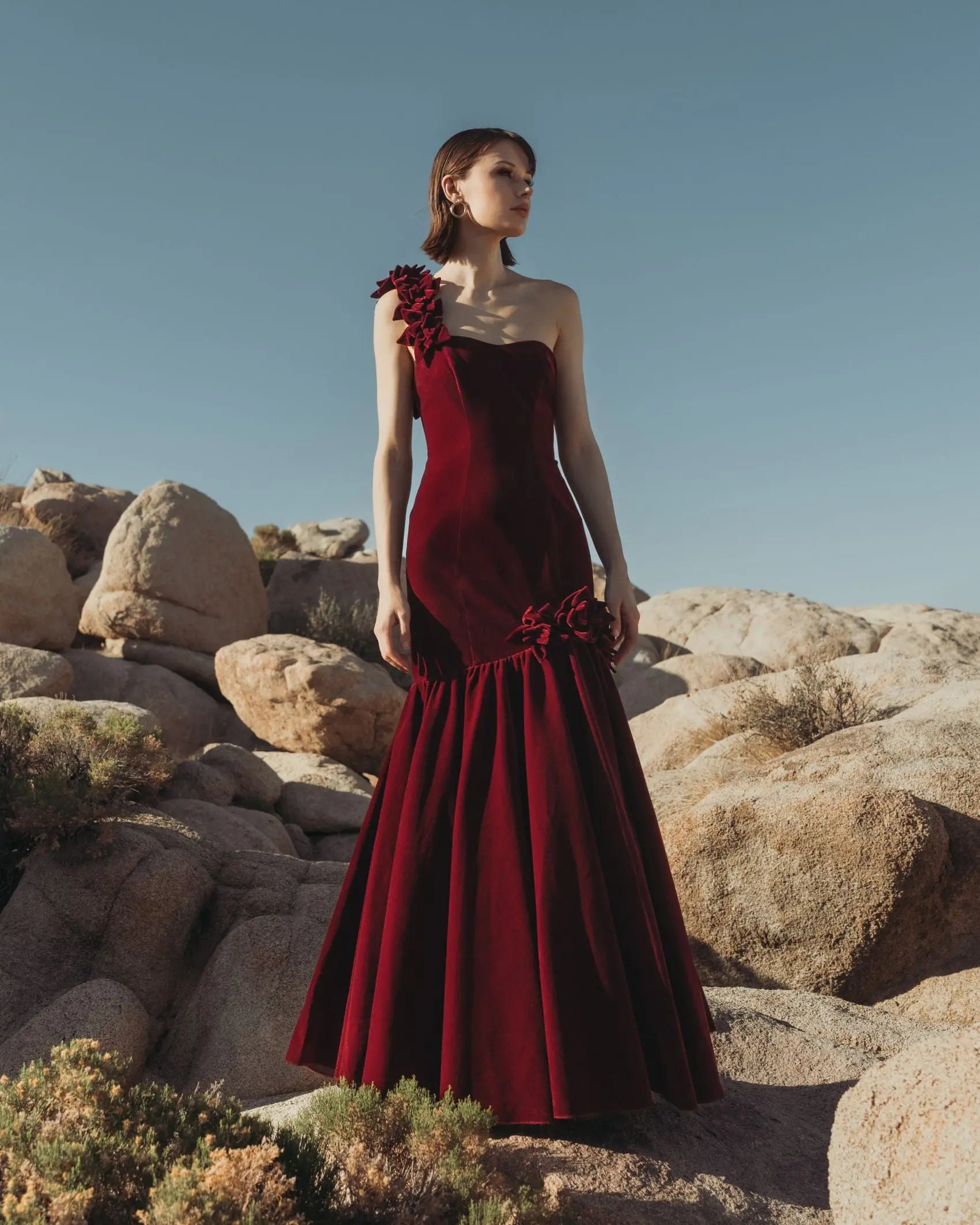 Dark Red One Shoulder Velvet Trumpet Gown With 3D Flowers - Mac Duggal
