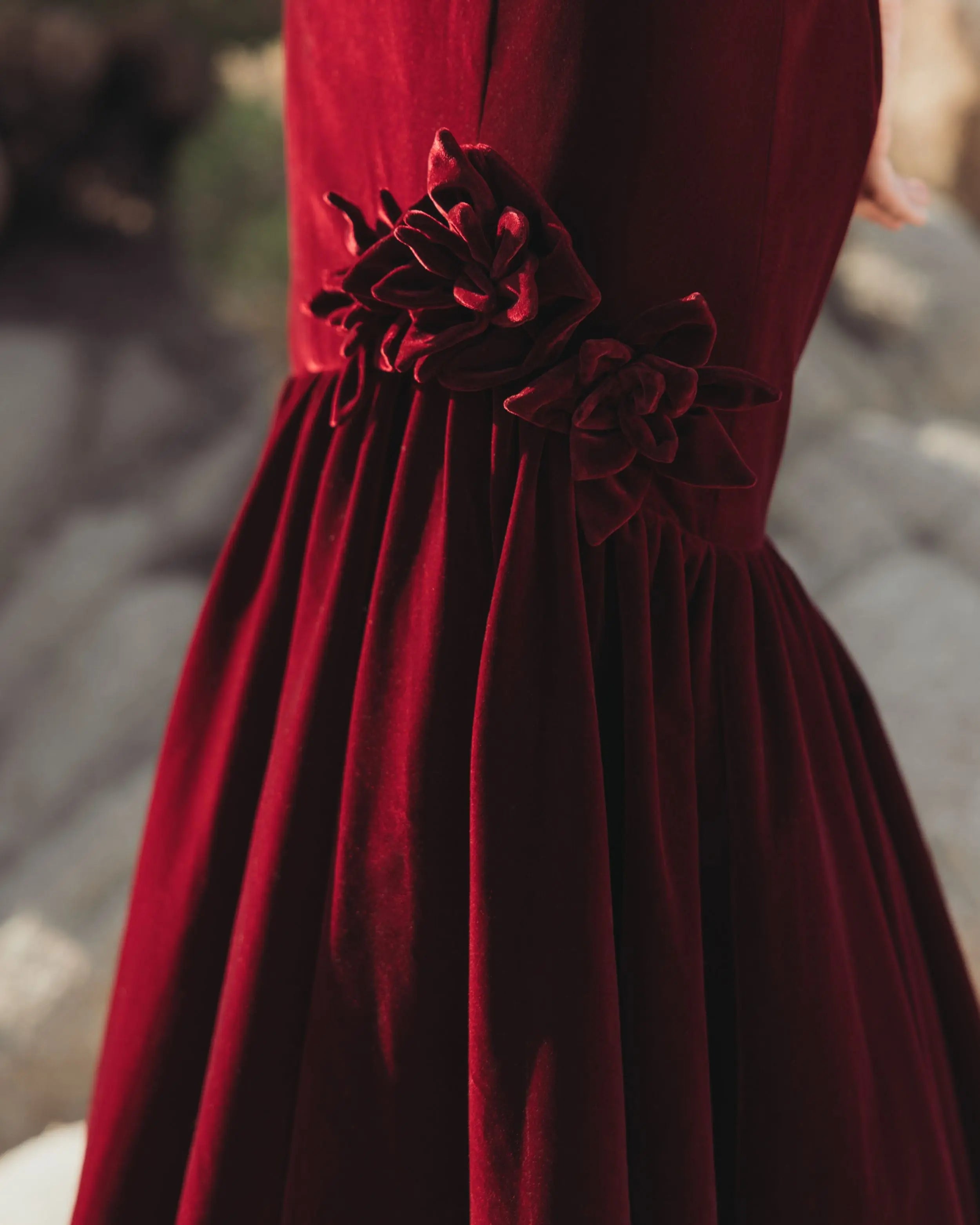 Dark Red One Shoulder Velvet Trumpet Gown With 3D Flowers - Mac Duggal