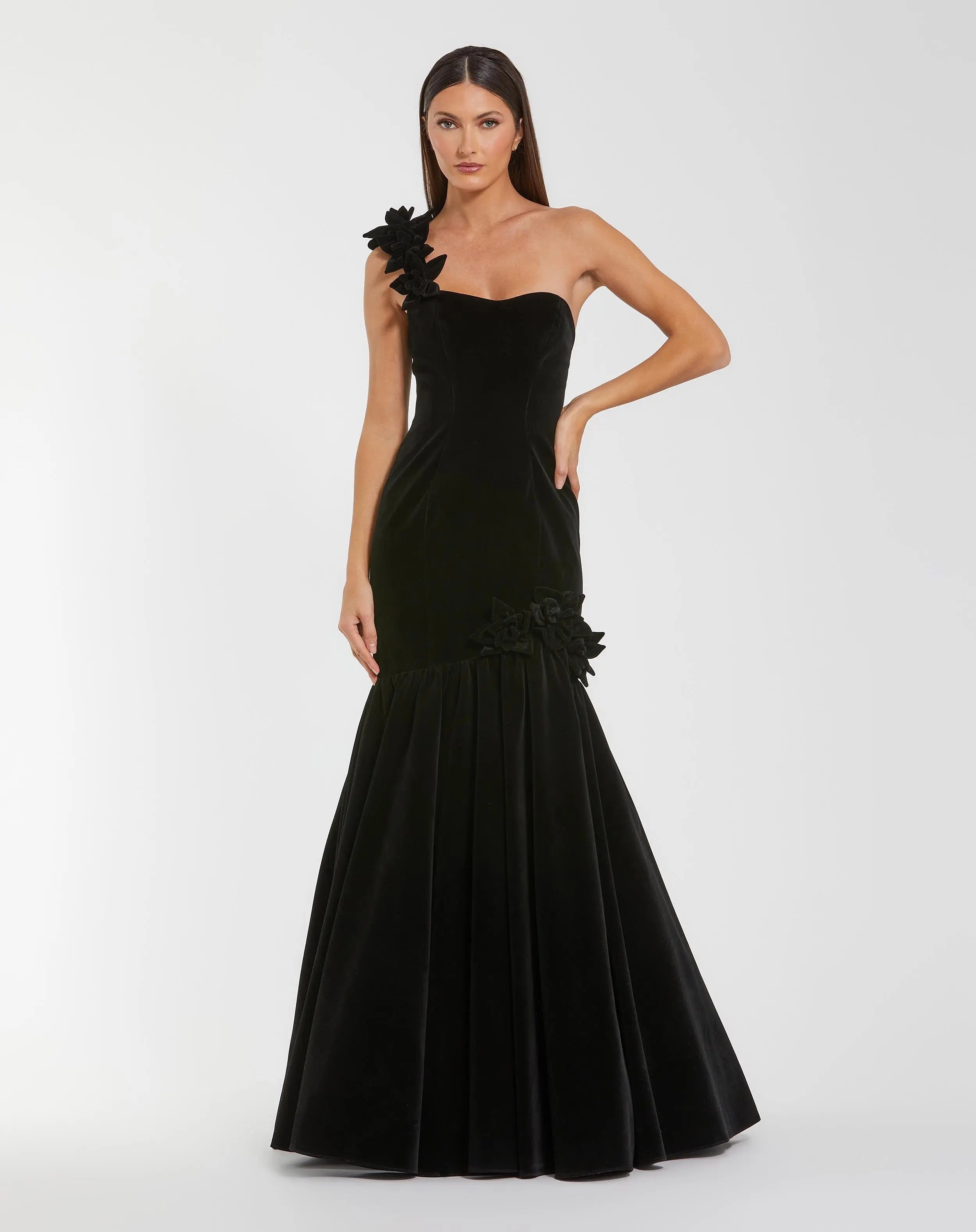 Black Velvet One Shoulder Trumpet Gown With Flowers - Mac Duggal