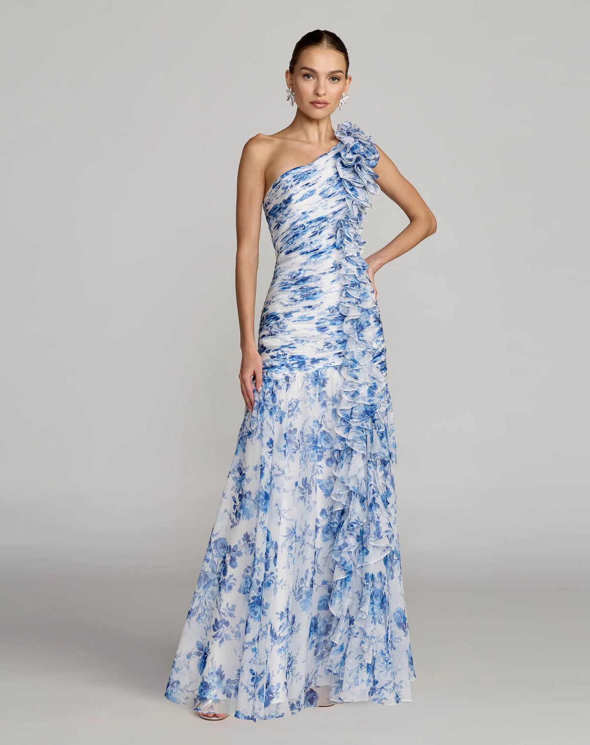Blue Ruched Floral Chiffon Gown With 3D Ruffles | Mac Duggal