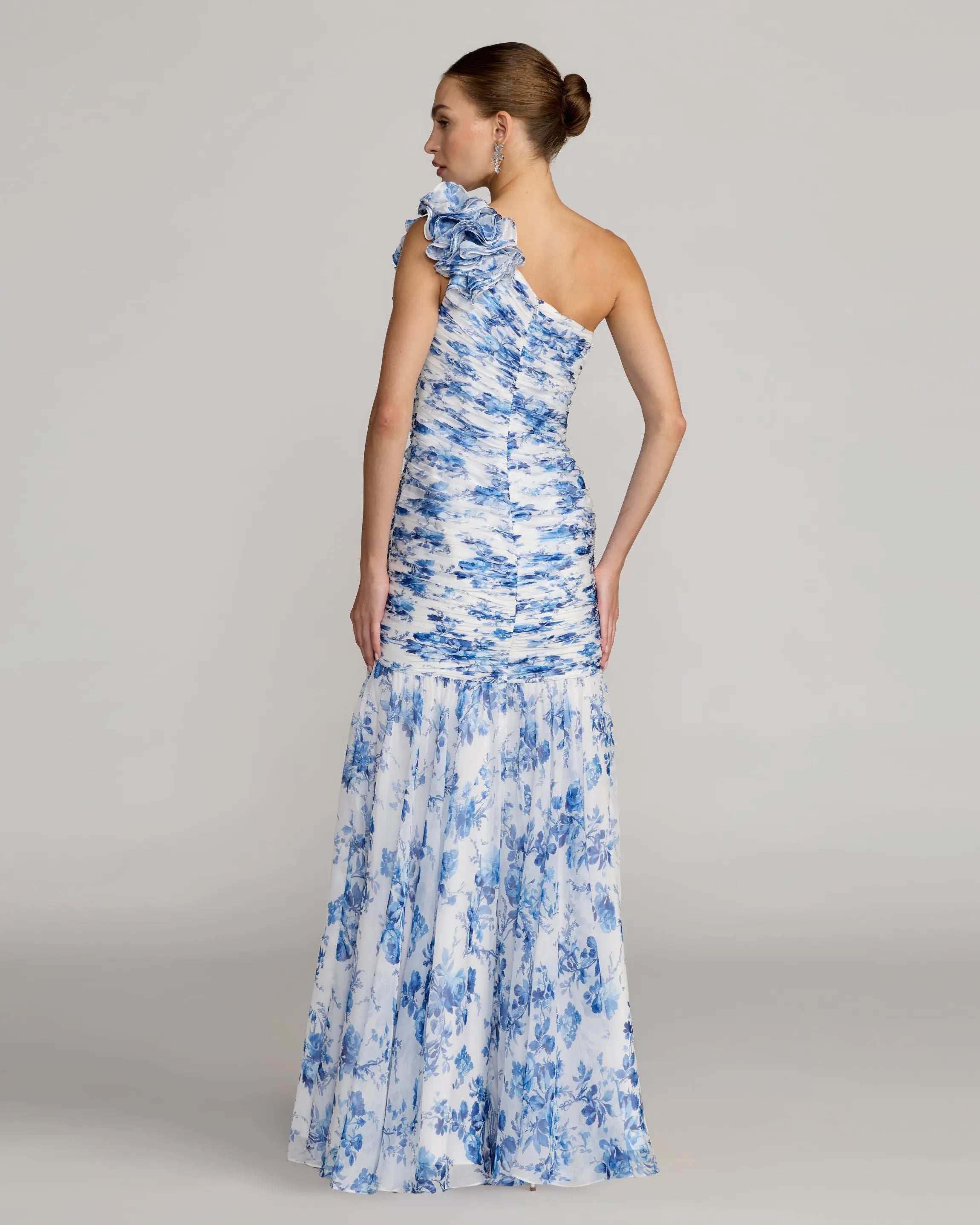 Blue Ruched Floral Chiffon Gown with 3D Ruffles Ieena for Mac Duggal