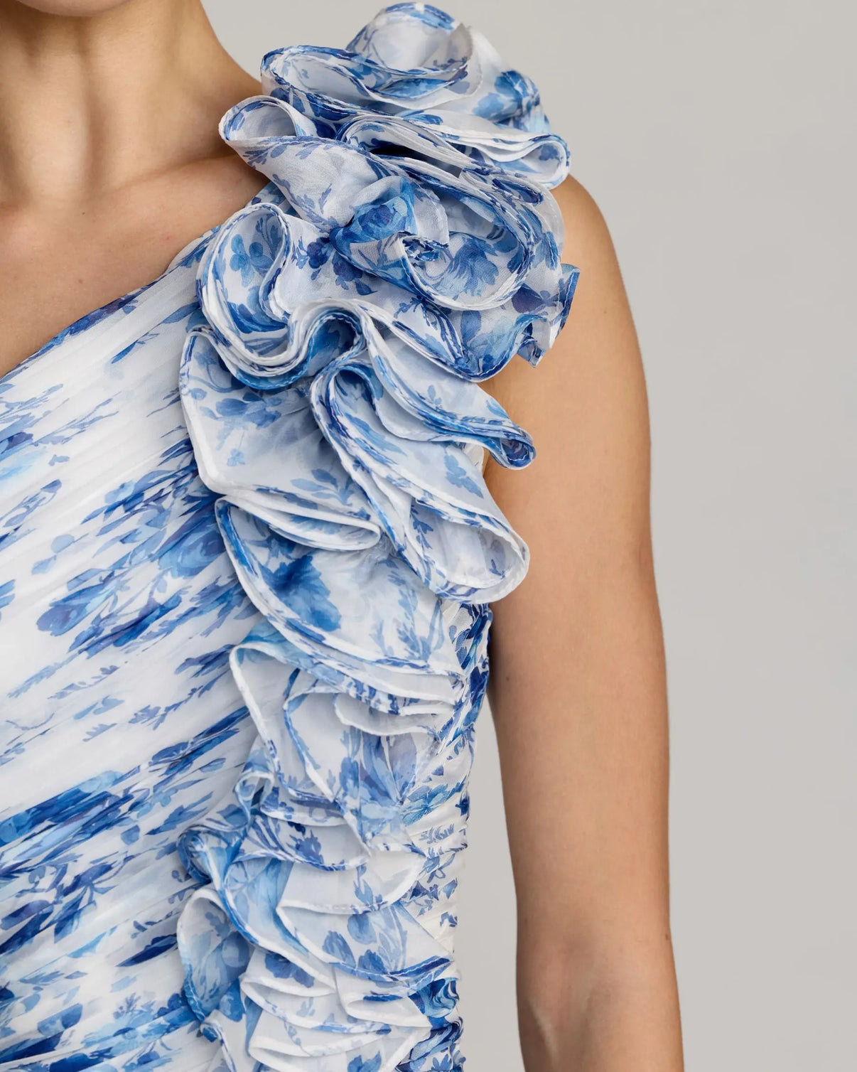 Blue Ruched Floral Chiffon Gown With 3D Ruffles | Mac Duggal