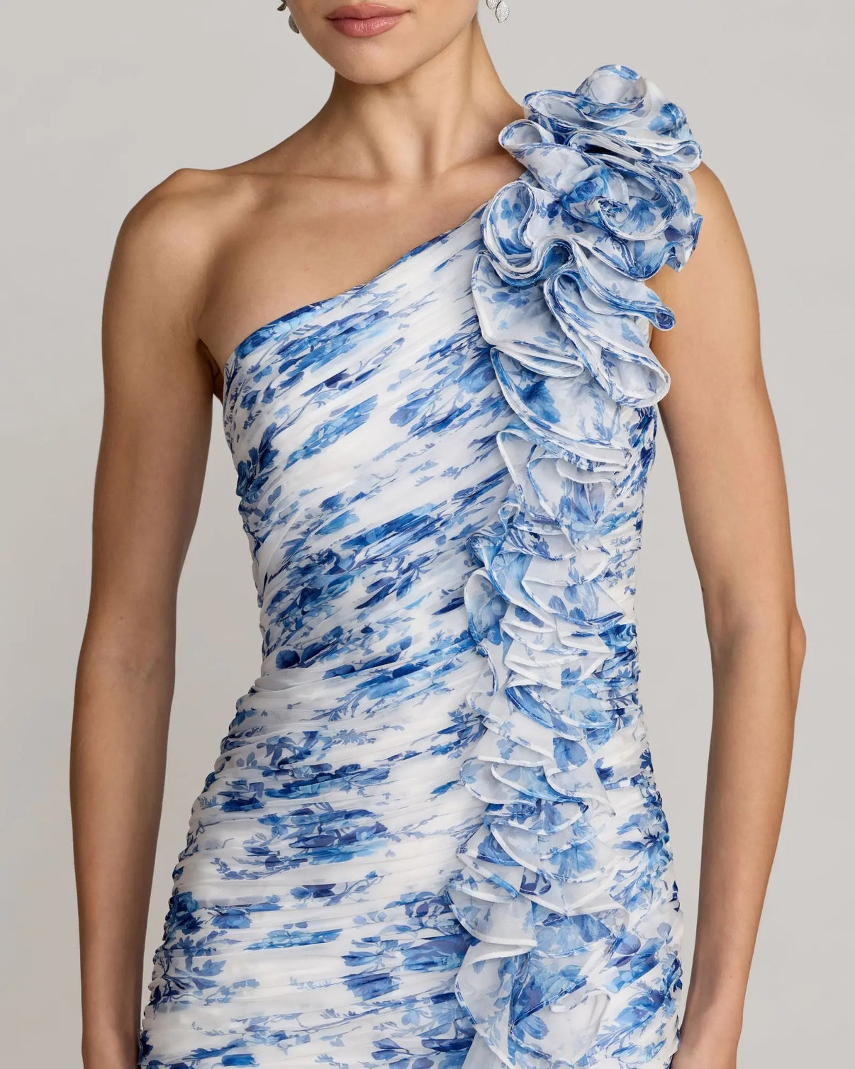 Blue Ruched Floral Chiffon Gown With 3D Ruffles | Mac Duggal