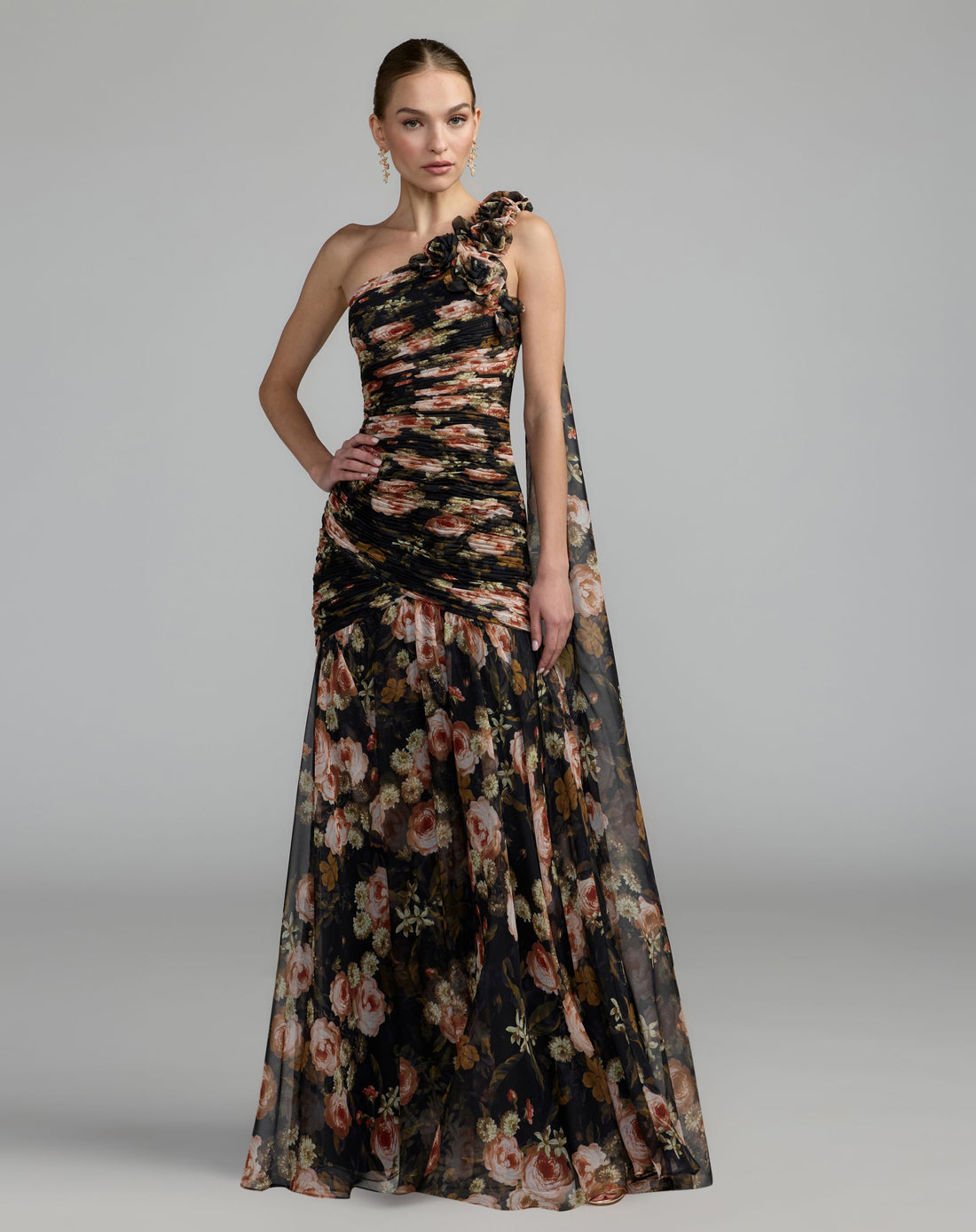 Black One Shoulder Floral Printed Chiffon Gown - Ieena for Mac Duggal