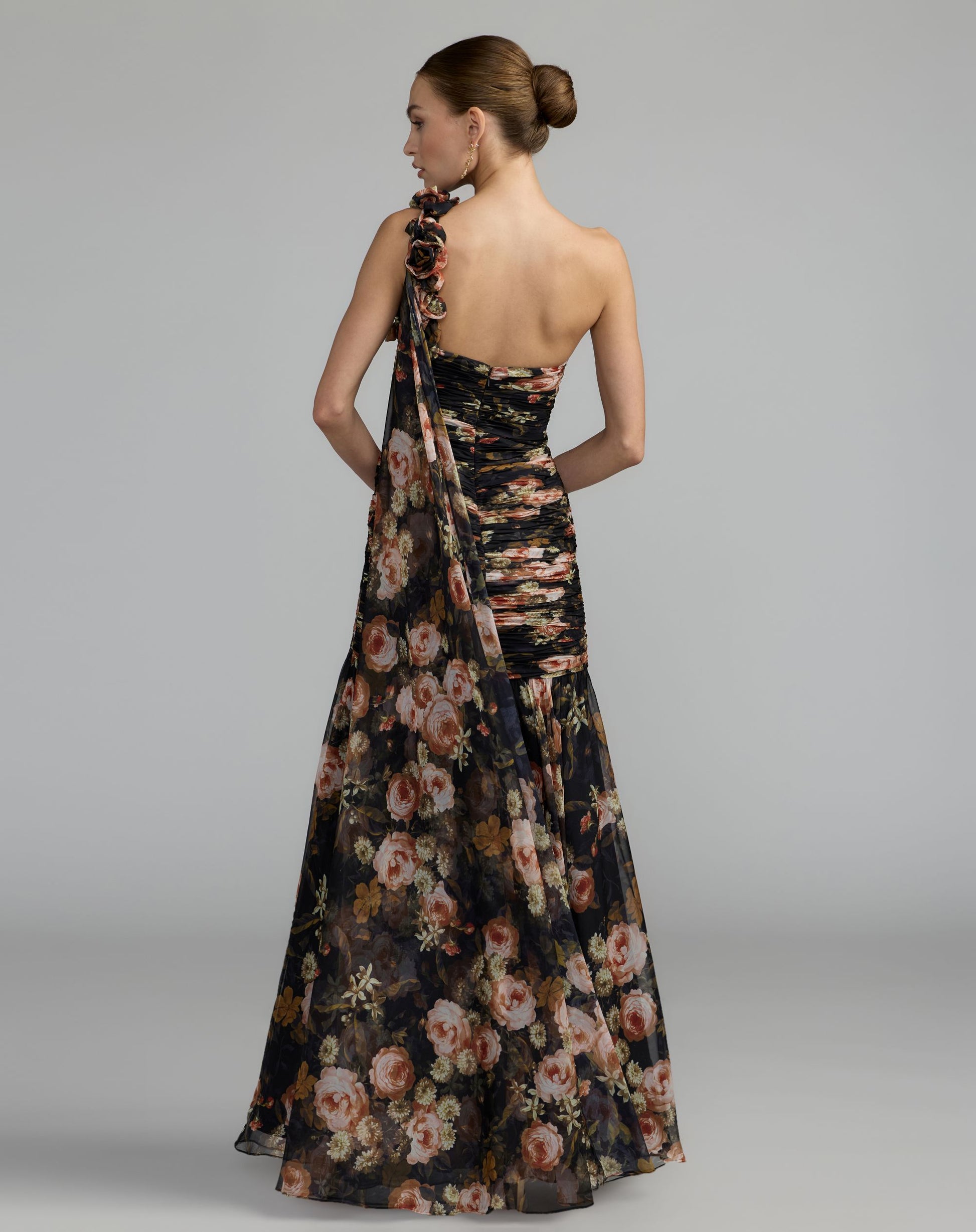 Black One Shoulder Floral Printed Chiffon Gown - Ieena for Mac Duggal